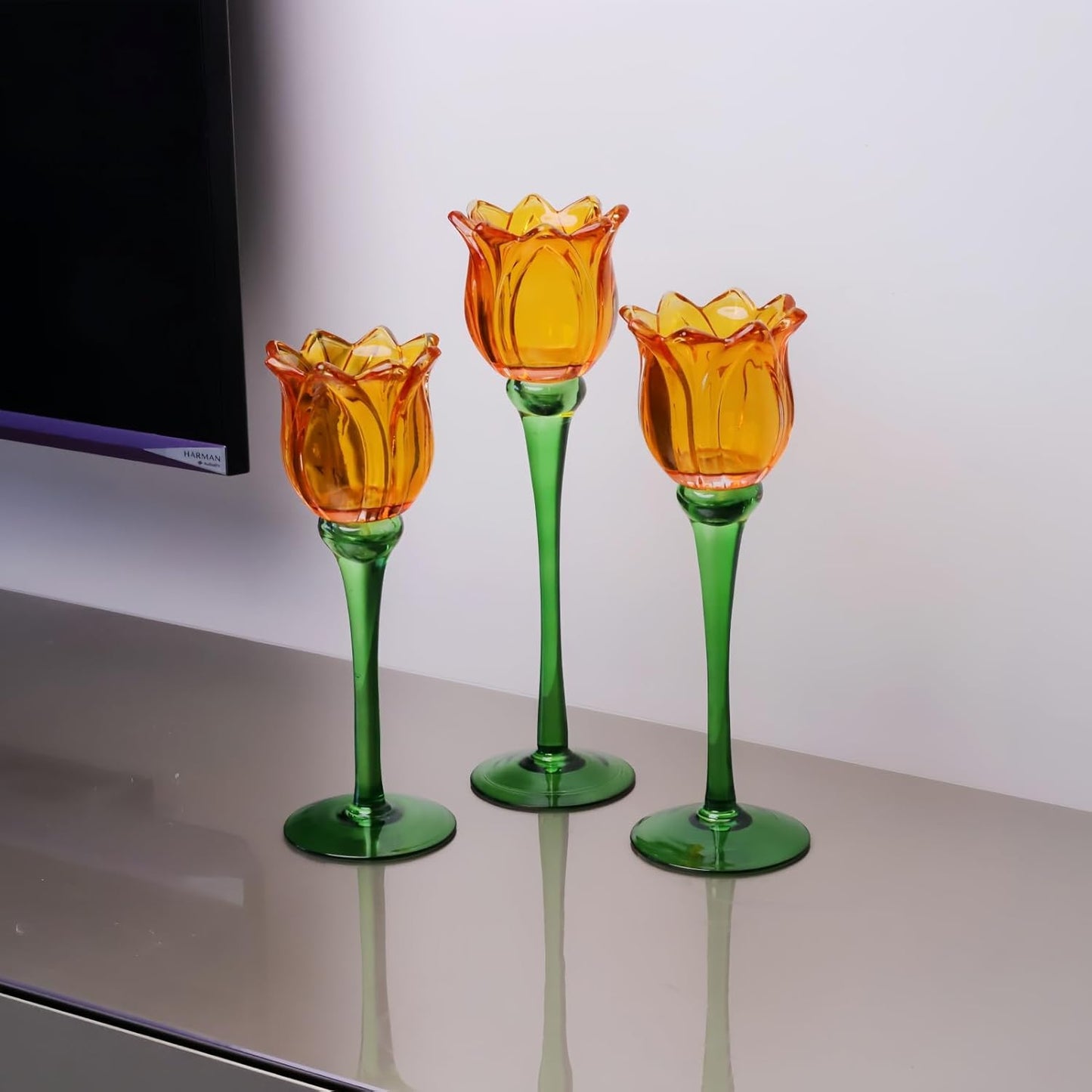 Vohocandle Orange Tulips Votive Candle Holders for Spring Decor, Elegant Tall Glass Candle Holder Centerpiece Table Decorations(Set of3) - vohocandle
