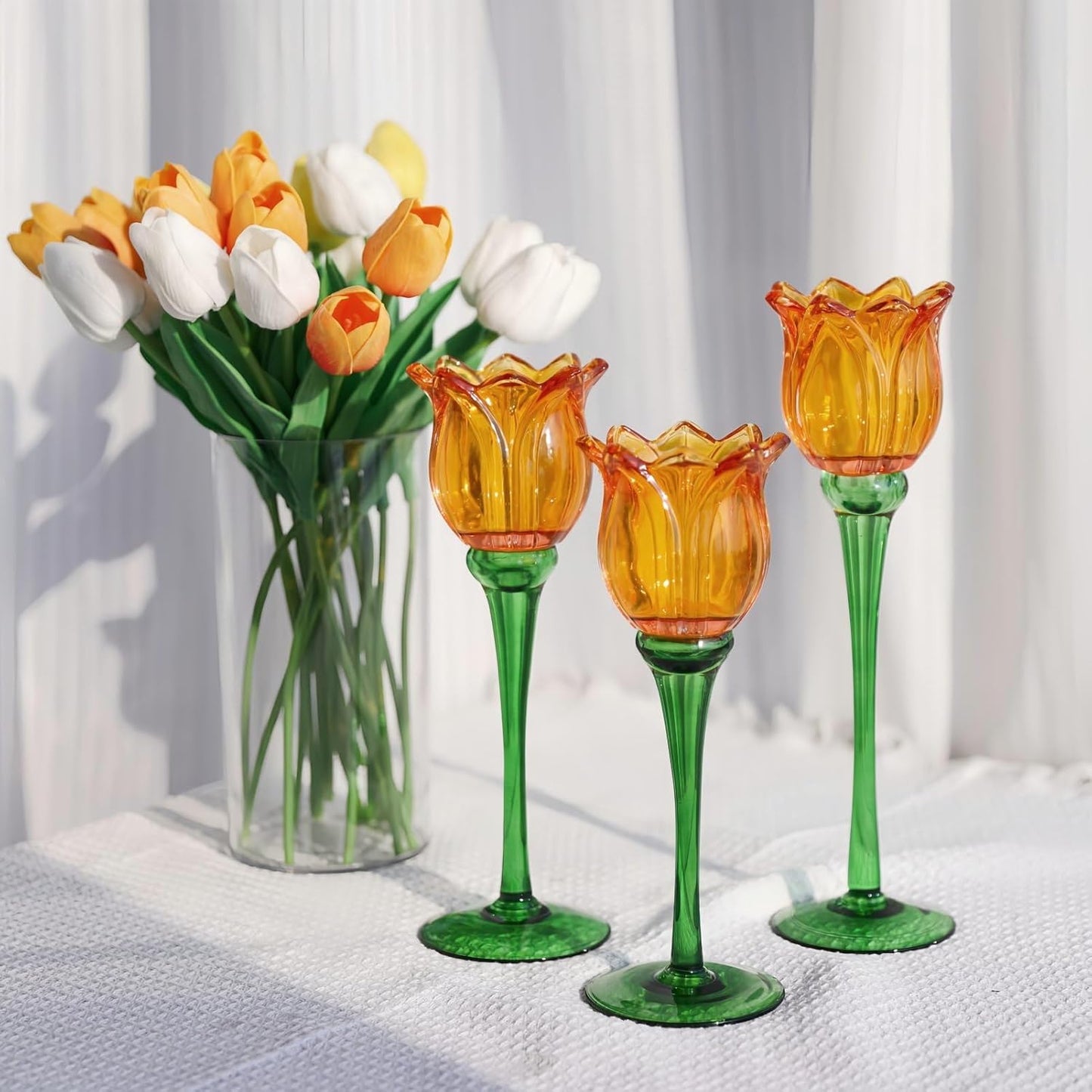Vohocandle Orange Tulips Votive Candle Holders for Spring Decor, Elegant Tall Glass Candle Holder Centerpiece Table Decorations(Set of3) - vohocandle