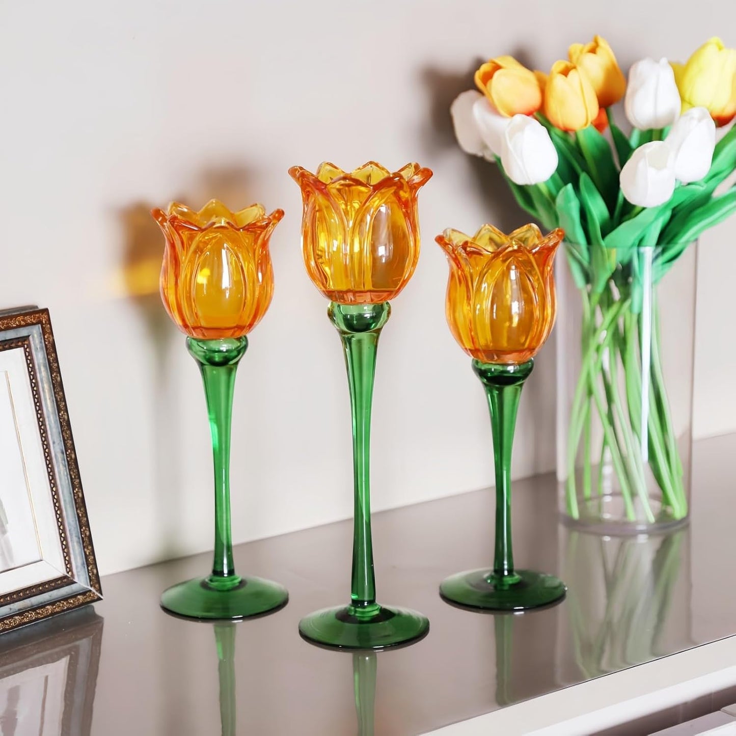 Vohocandle Orange Tulips Votive Candle Holders for Spring Decor, Elegant Tall Glass Candle Holder Centerpiece Table Decorations(Set of3) - vohocandle