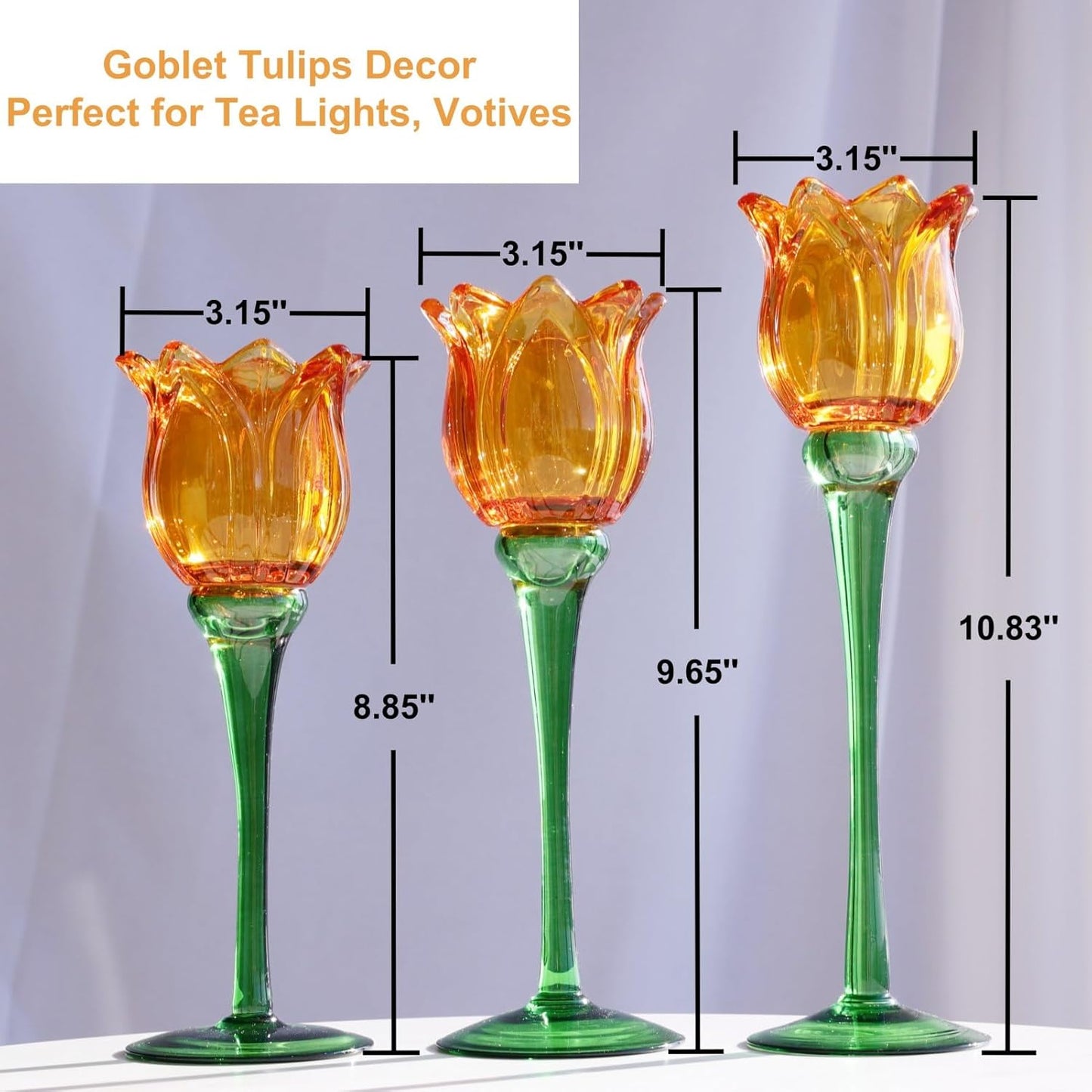 Vohocandle Orange Tulips Votive Candle Holders for Spring Decor, Elegant Tall Glass Candle Holder Centerpiece Table Decorations(Set of3) - vohocandle
