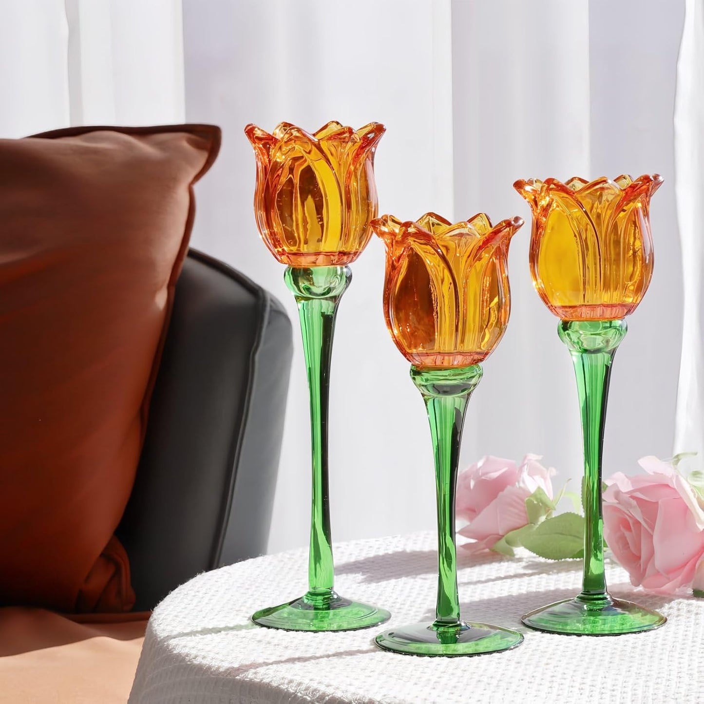 Vohocandle Orange Tulips Votive Candle Holders for Spring Decor, Elegant Tall Glass Candle Holder Centerpiece Table Decorations(Set of3) - vohocandle
