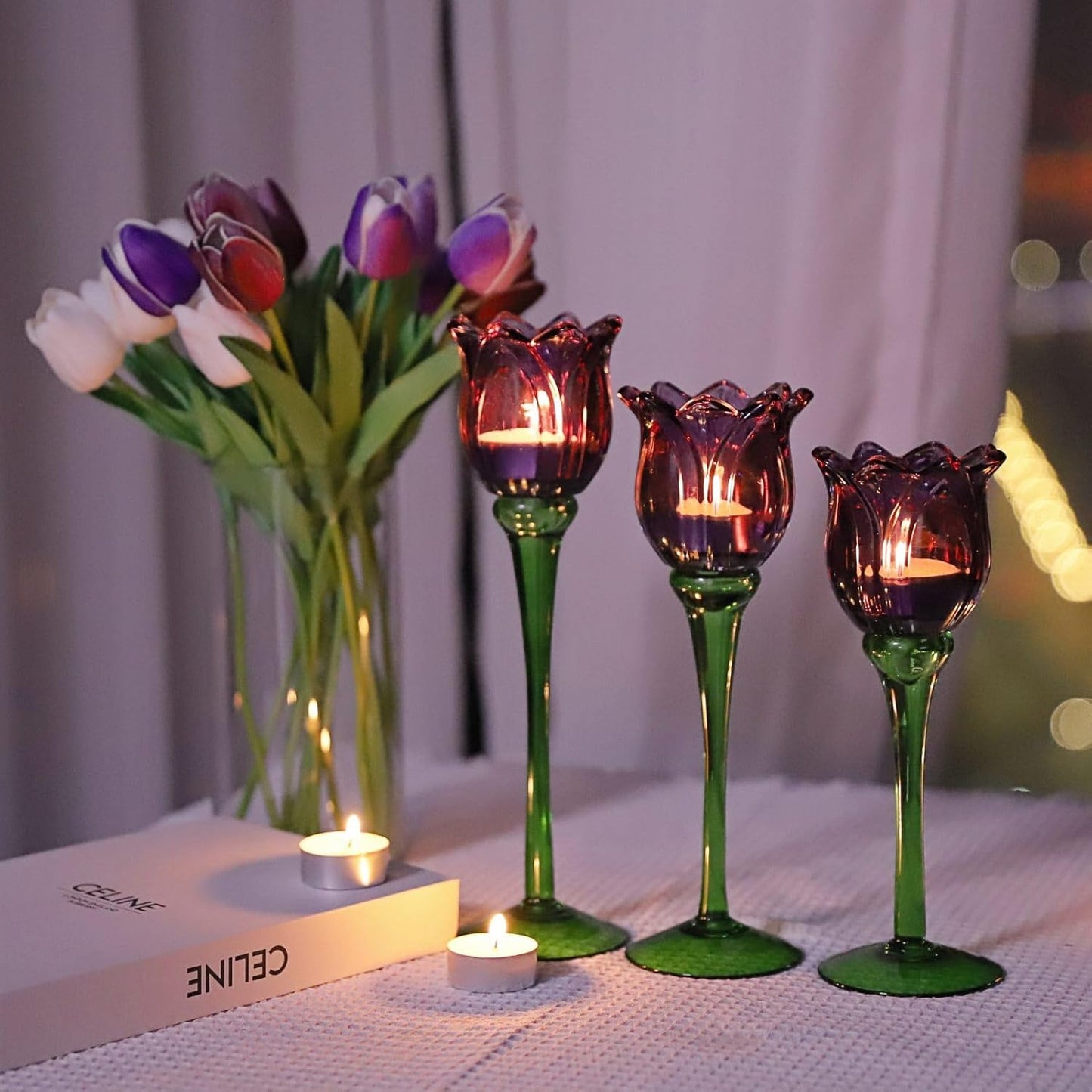 Vohocandle Purple Tulip Tealight Candle Holder Flower Tall Candle Holder for Decorations(Set of3) - vohocandle
