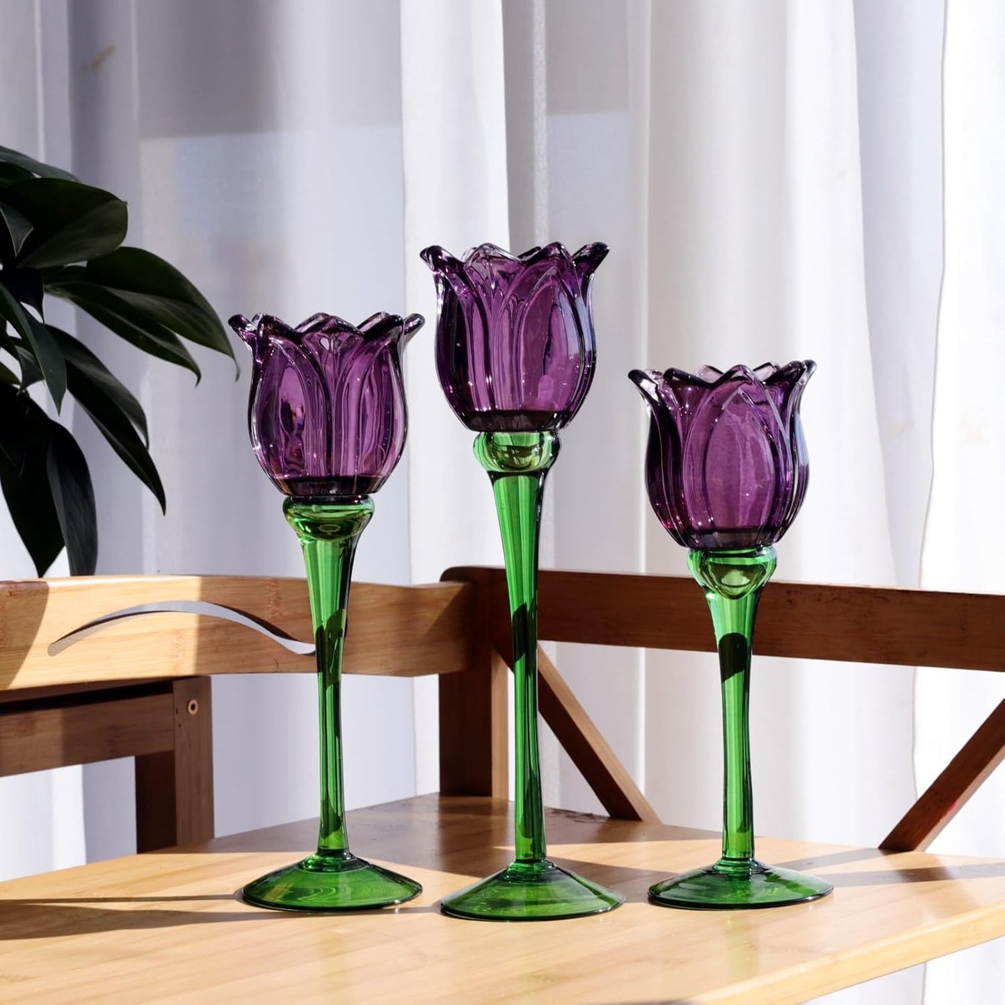 Vohocandle Purple Tulip Tealight Candle Holder Flower Tall Candle Holder for Decorations(Set of3) - vohocandle
