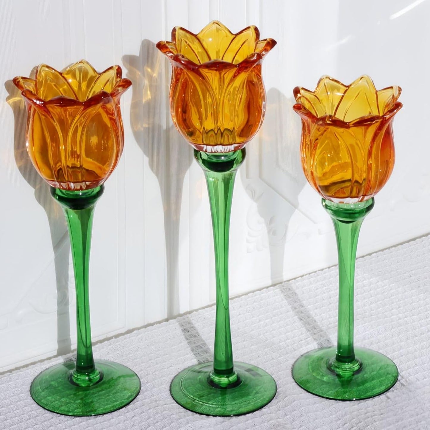 Vohocandle Orange Tulips Votive Candle Holders for Spring Decor, Elegant Tall Glass Candle Holder Centerpiece Table Decorations(Set of3) - vohocandle