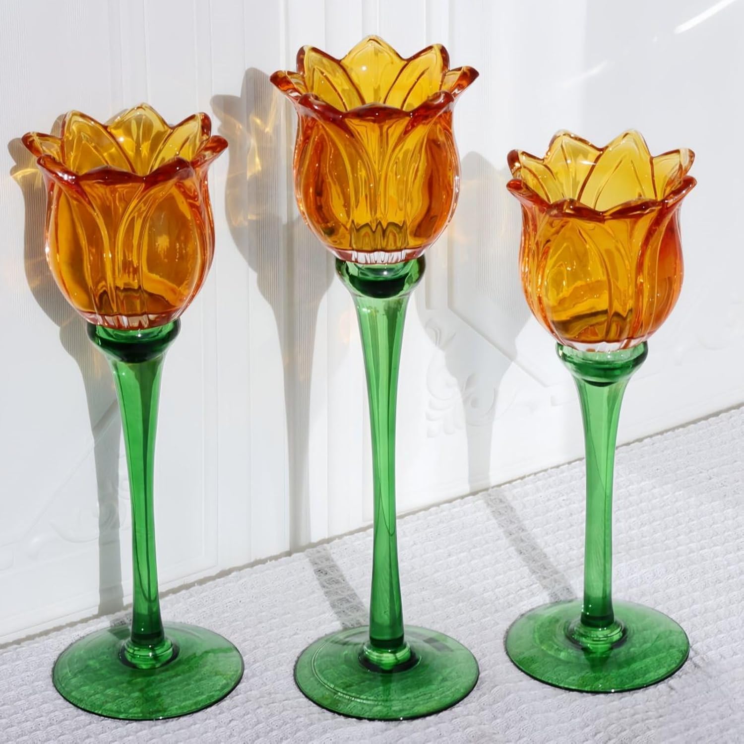 Vohocandle Orange Tulips Votive Candle Holders for Spring Decor, Elegant Tall Glass Candle Holder Centerpiece Table Decorations(Set of3) - vohocandle