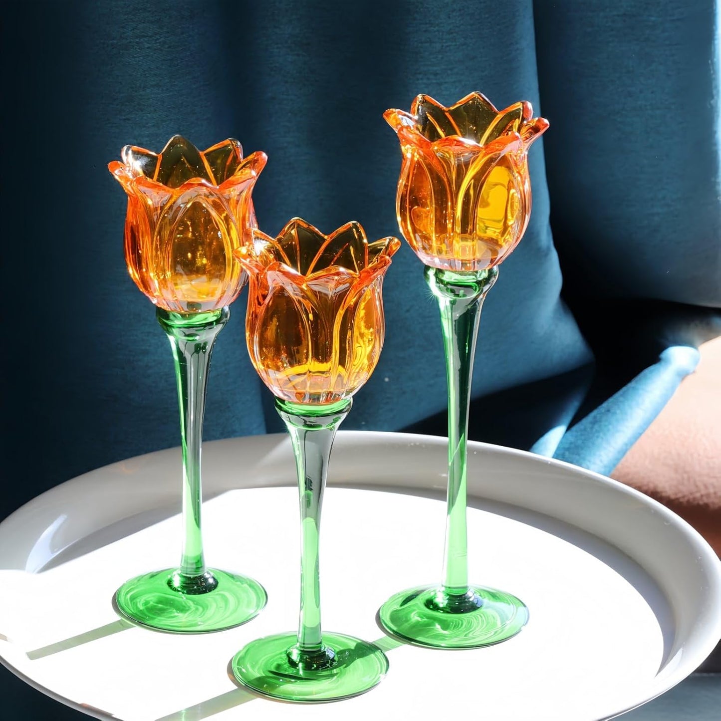 Vohocandle Orange Tulips Votive Candle Holders for Spring Decor, Elegant Tall Glass Candle Holder Centerpiece Table Decorations(Set of3) - vohocandle