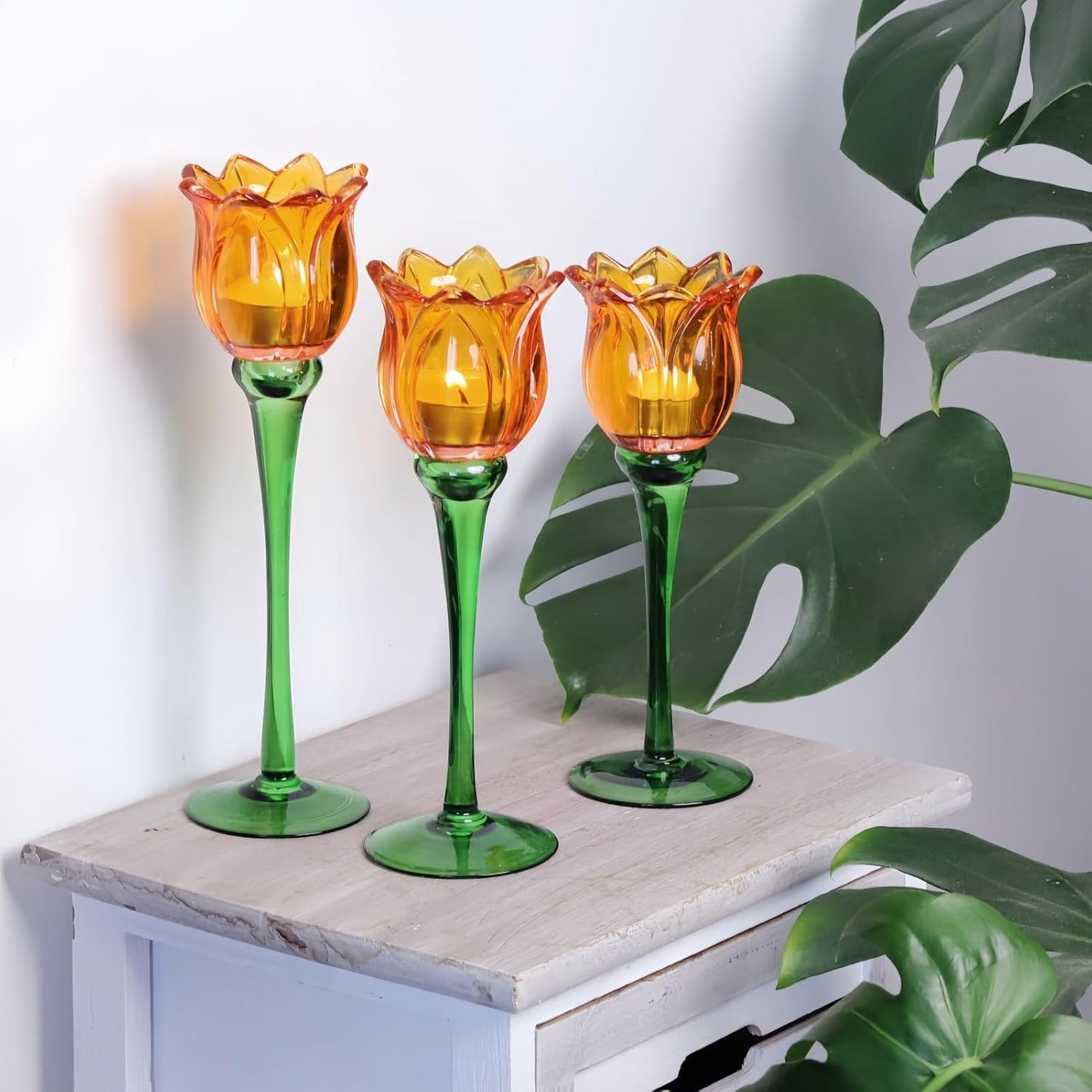 Vohocandle Orange Tulips Votive Candle Holders for Spring Decor, Elegant Tall Glass Candle Holder Centerpiece Table Decorations(Set of3) - vohocandle
