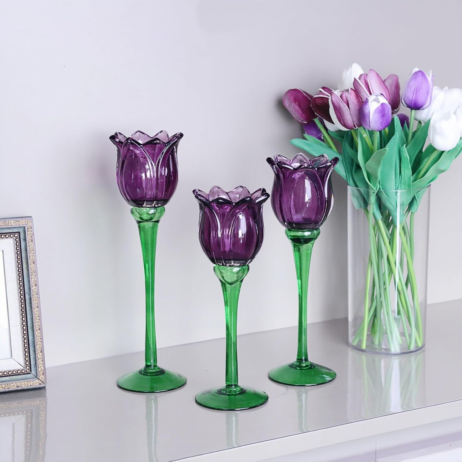 Vohocandle Purple Tulip Tealight Candle Holder Flower Tall Candle Holder for Decorations(Set of3) - vohocandle