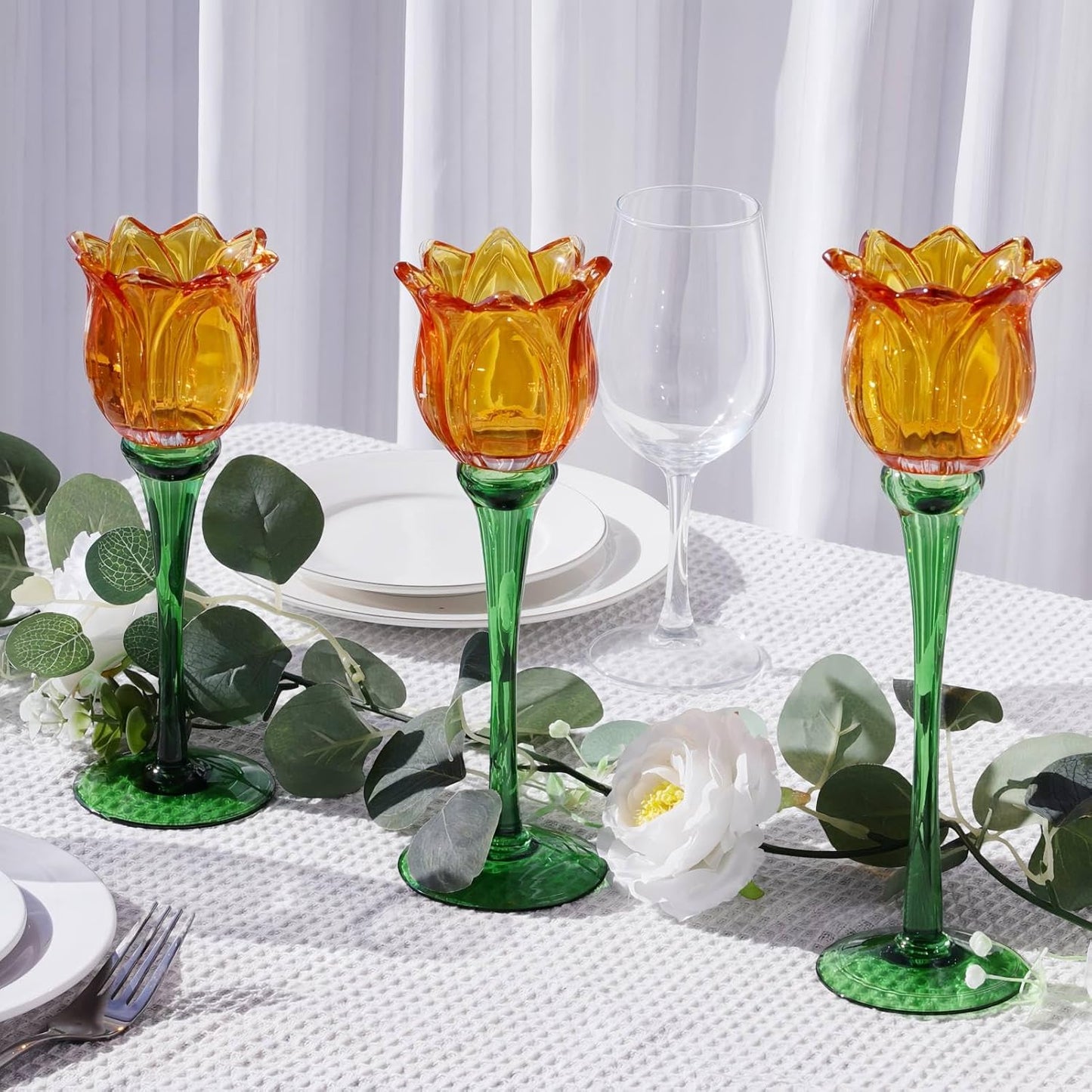 Vohocandle Orange Tulips Votive Candle Holders for Spring Decor, Elegant Tall Glass Candle Holder Centerpiece Table Decorations(Set of3) - vohocandle