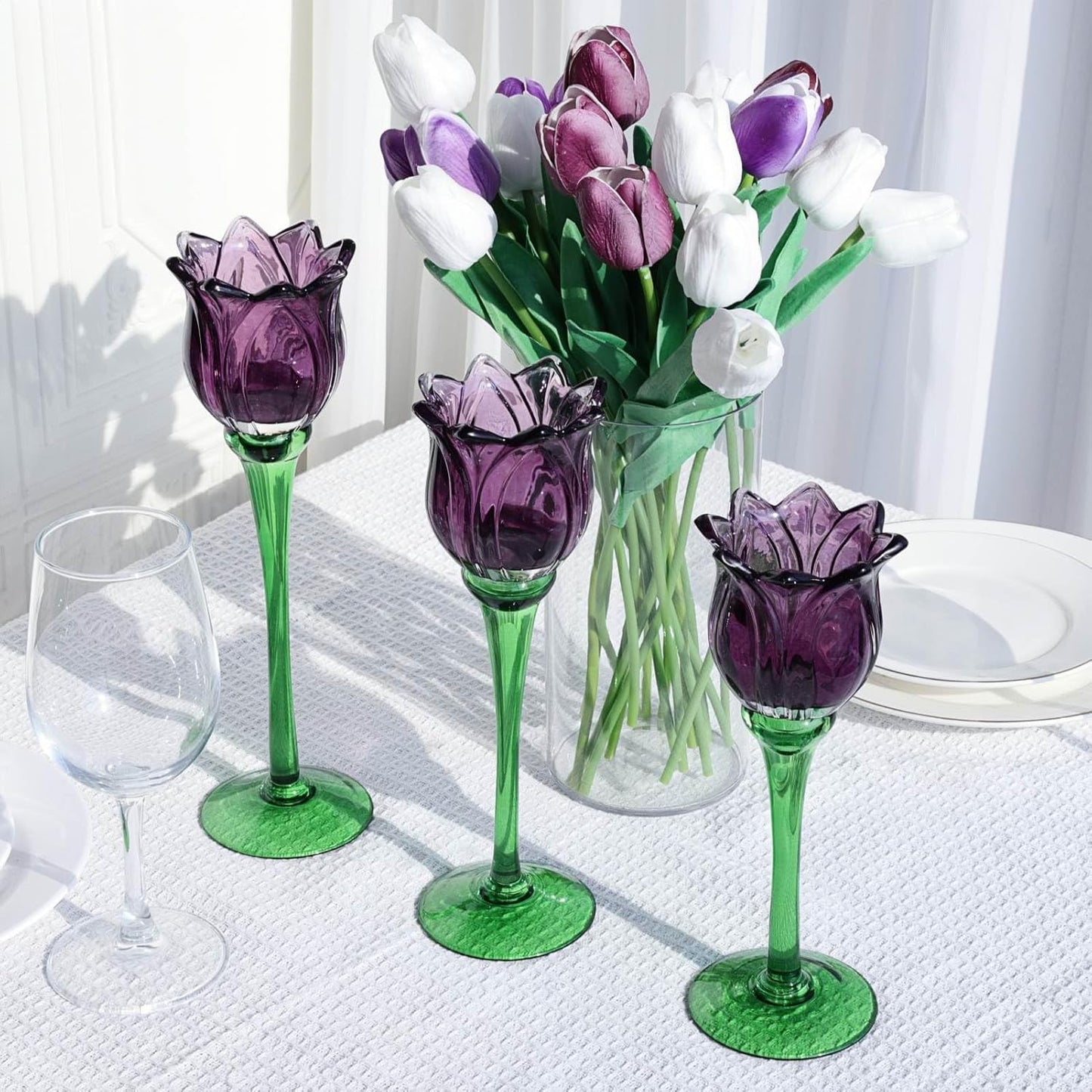 Vohocandle Purple Tulip Tealight Candle Holder Flower Tall Candle Holder for Decorations(Set of3) - vohocandle