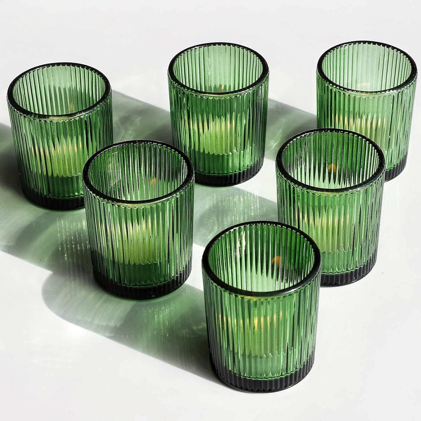 Vohocandle 12pcs Candle Holder Ribbed Glass, Green Votive Candle Holders for Wedding Party Table Centerpieces(2.1'' x 2.6'', Green) - vohocandle
