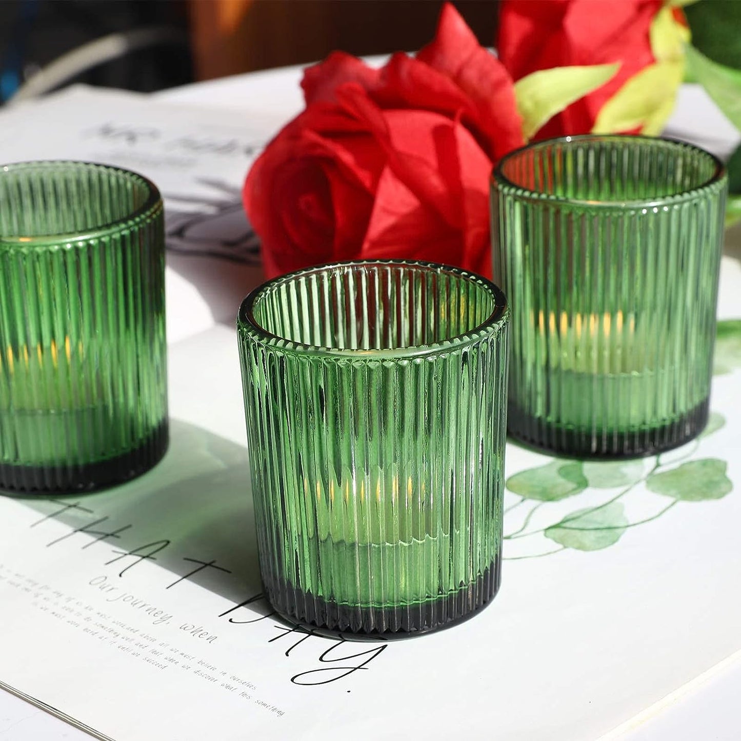 Vohocandle 12pcs Candle Holder Ribbed Glass, Green Votive Candle Holders for Wedding Party Table Centerpieces(2.1'' x 2.6'', Green) - vohocandle