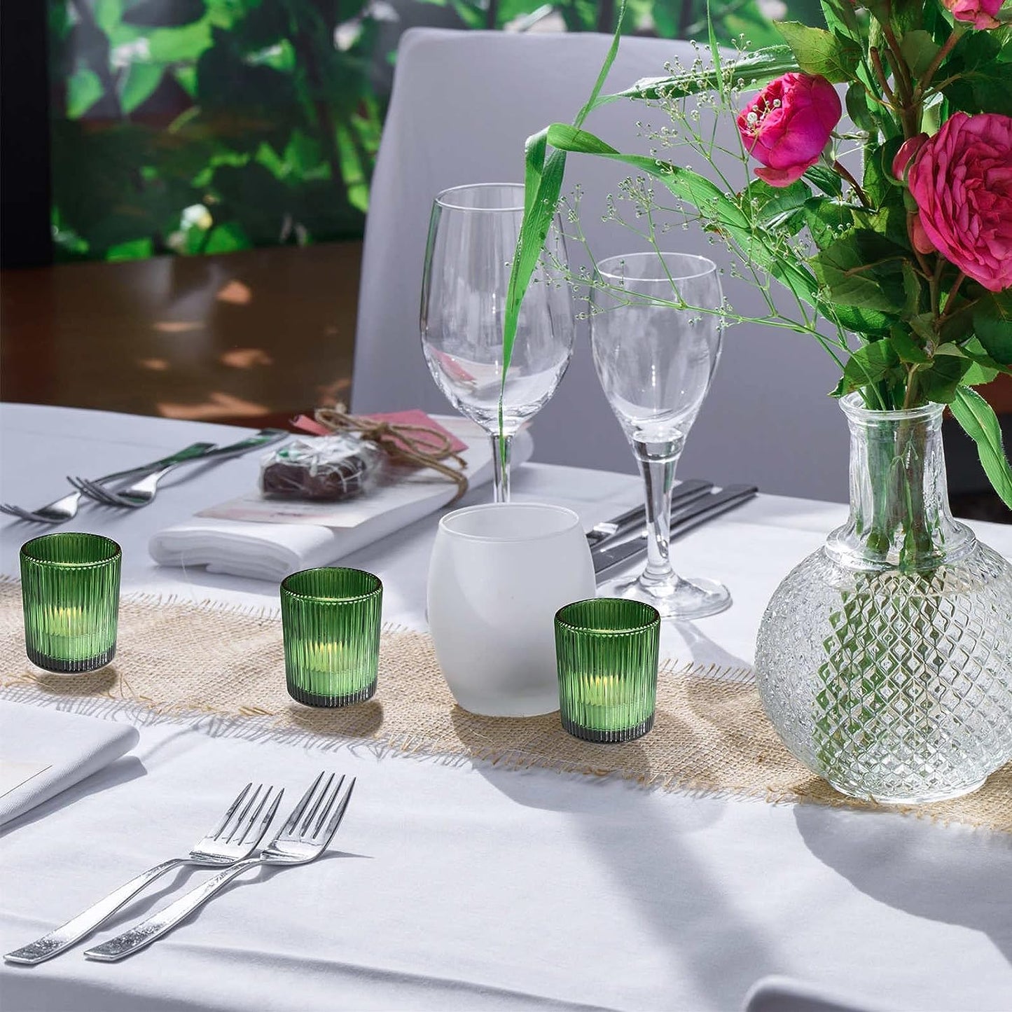 Vohocandle 12pcs Candle Holder Ribbed Glass, Green Votive Candle Holders for Wedding Party Table Centerpieces(2.1'' x 2.6'', Green) - vohocandle