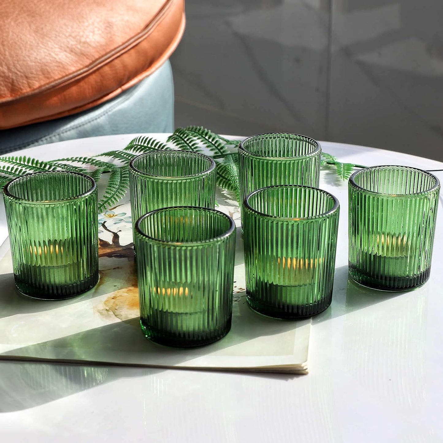 Vohocandle 12pcs Candle Holder Ribbed Glass, Green Votive Candle Holders for Wedding Party Table Centerpieces(2.1'' x 2.6'', Green) - vohocandle