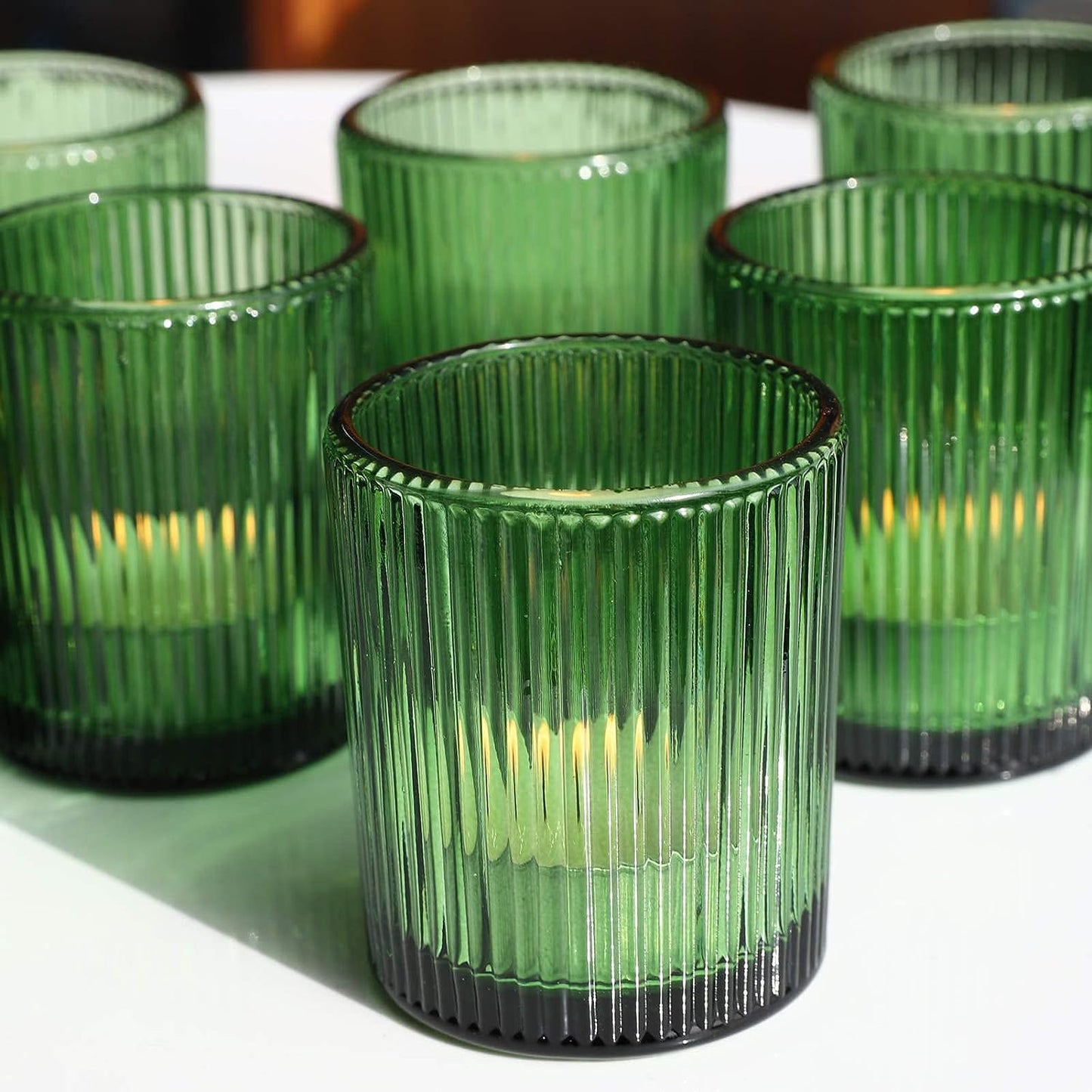 Vohocandle 12pcs Candle Holder Ribbed Glass, Green Votive Candle Holders for Wedding Party Table Centerpieces(2.1'' x 2.6'', Green) - vohocandle