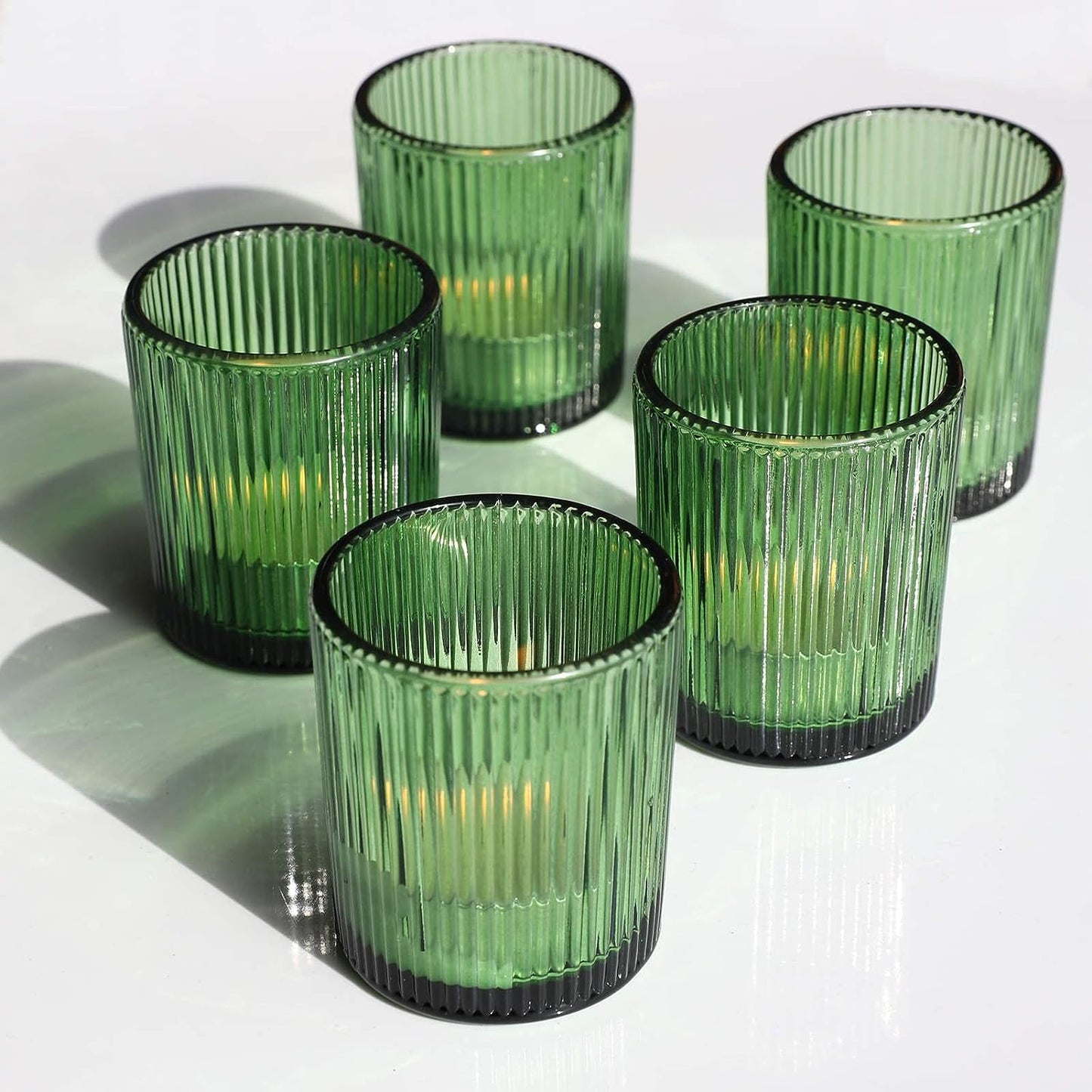 Vohocandle 12pcs Candle Holder Ribbed Glass, Green Votive Candle Holders for Wedding Party Table Centerpieces(2.1'' x 2.6'', Green) - vohocandle
