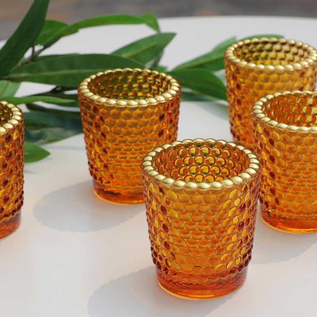 Votive Candle Holders Set of 12, Amber Glass Votive Candle Holder Bulk with Gold Rim for Table Centerpiece - vohocandle