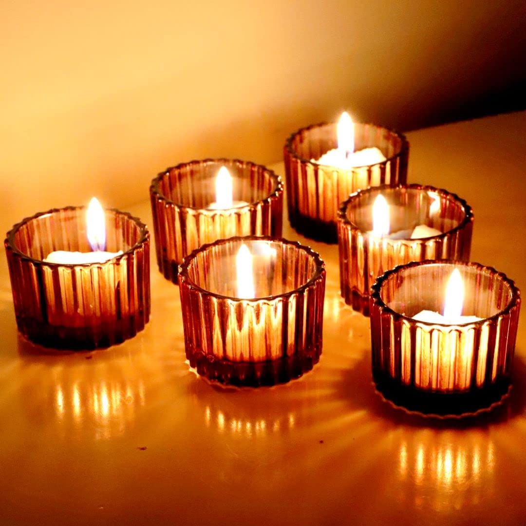 Brown Tealight Candle Holder 2'' x 1.4'' (Set of 12) Glass Small Votive Candle Holders for Table Centerpieces and Wedding Decor - vohocandle