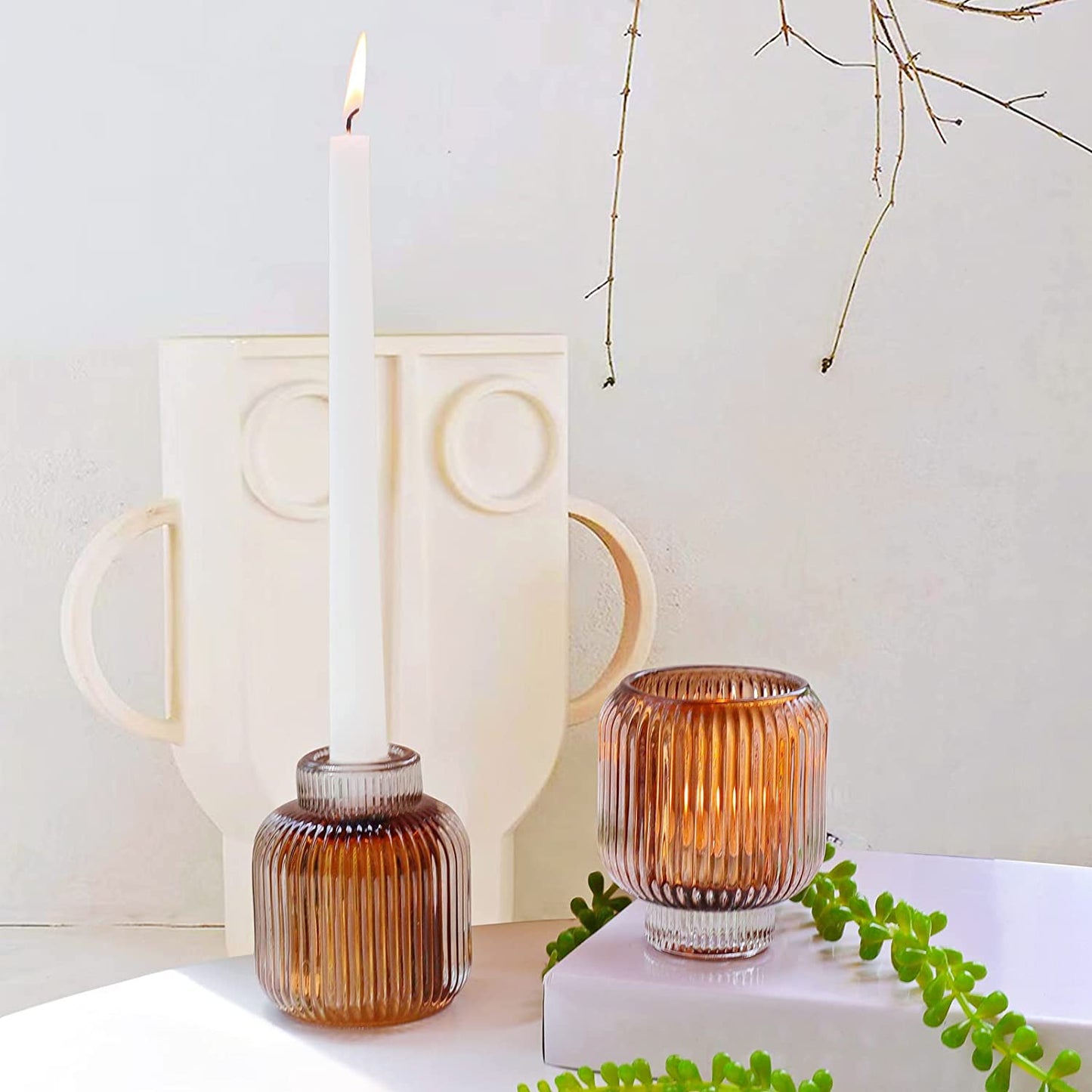 Votive Candle Holders Set of 2, Tealight Candle Holder for Home Decor (Brown, 3.5'' Tall 3.1'' Diameter) - vohocandle