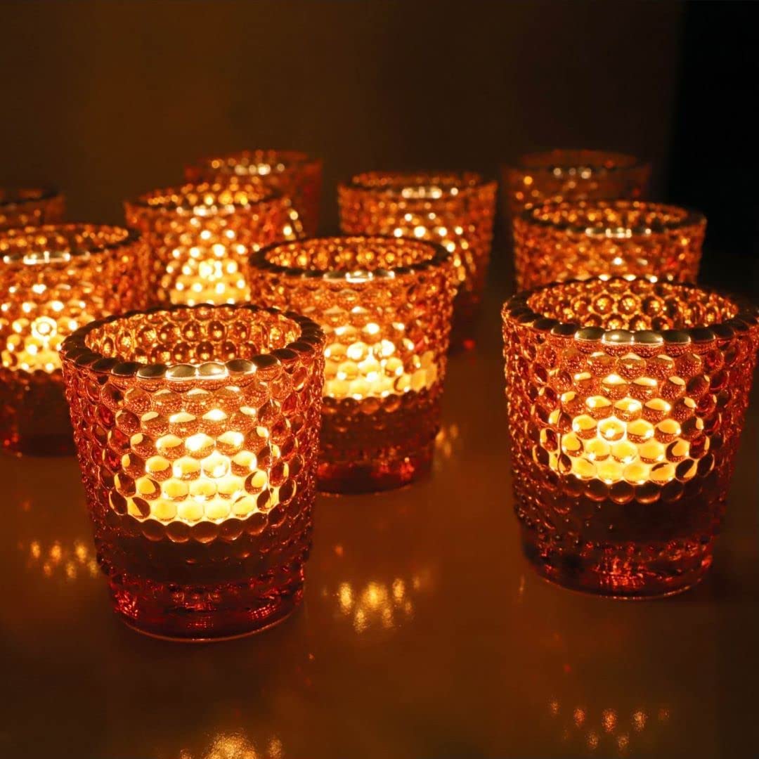 Votive Candle Holders Set of 12, Amber Glass Votive Candle Holder Bulk with Gold Rim for Table Centerpiece - vohocandle