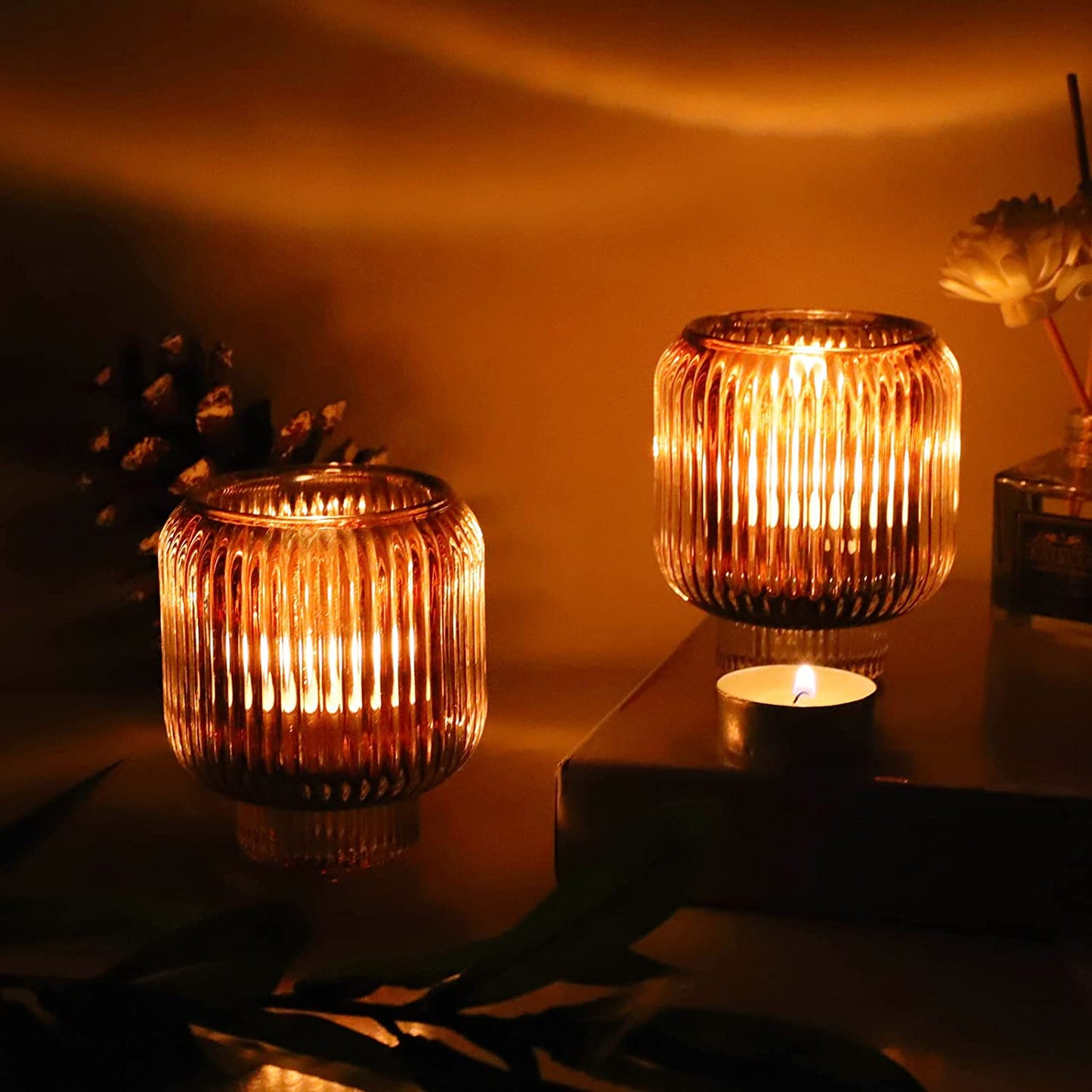 Votive Candle Holders Set of 2, Tealight Candle Holder for Home Decor (Brown, 3.5'' Tall 3.1'' Diameter) - vohocandle