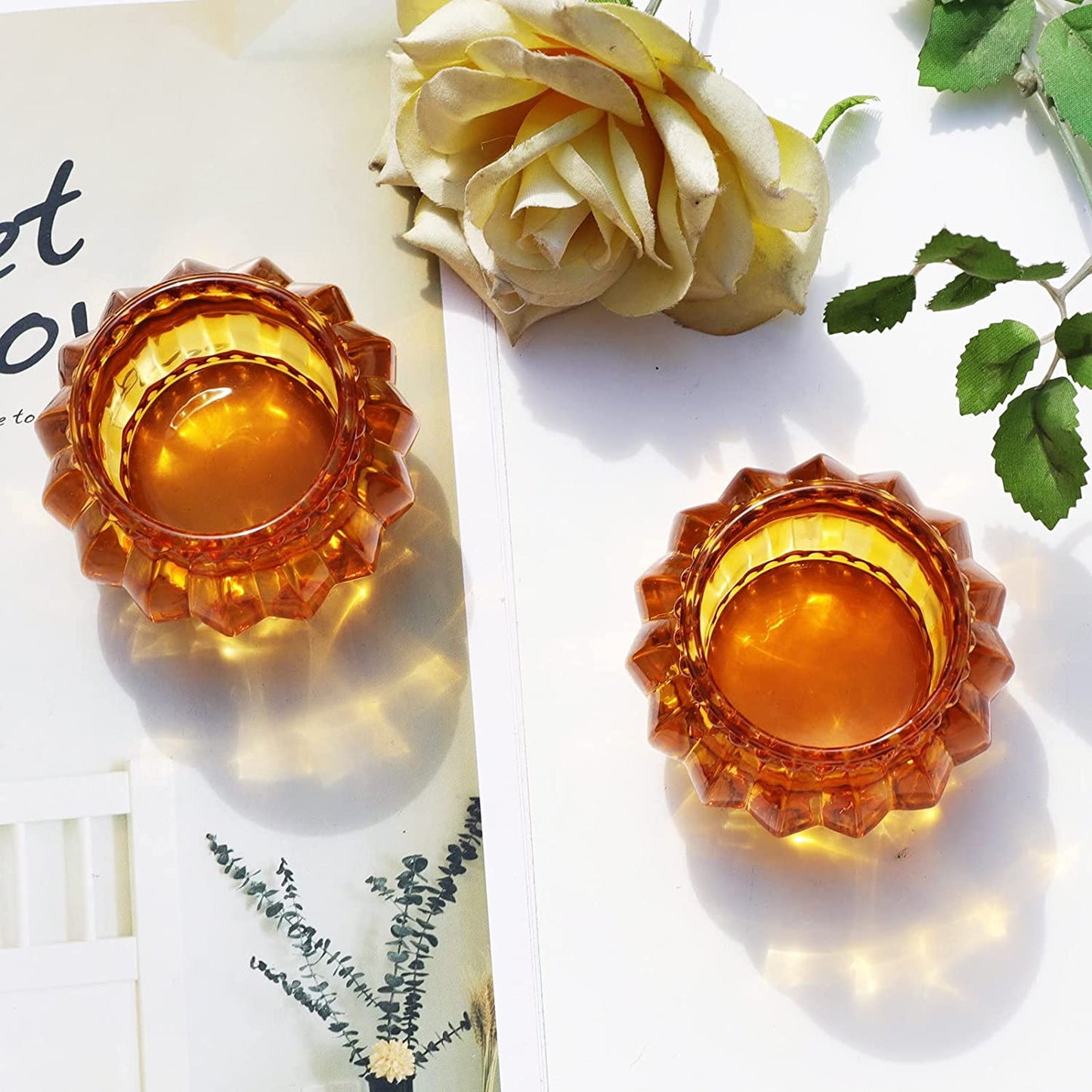 Amber Tealight Candle Holder Set of 6, Glass Candle Holders Bulk for Wedding Table and Home Decor - vohocandle