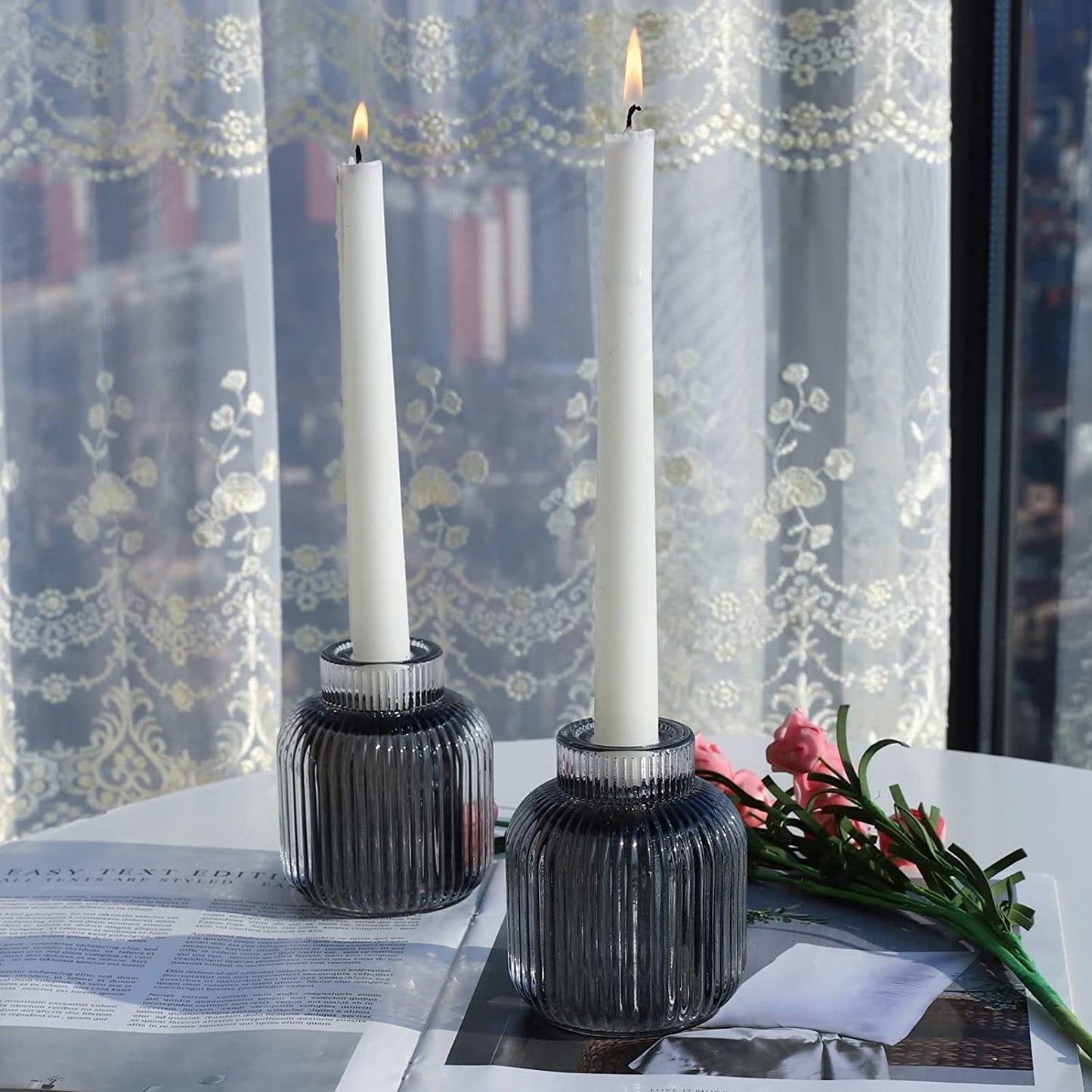 Grey Votive Candle Holders for Table Centerpiece Set of 2, Glass Votive Candle Holder for Home Decor, Tealight Candle Holder Bulk for Birthday - vohocandle