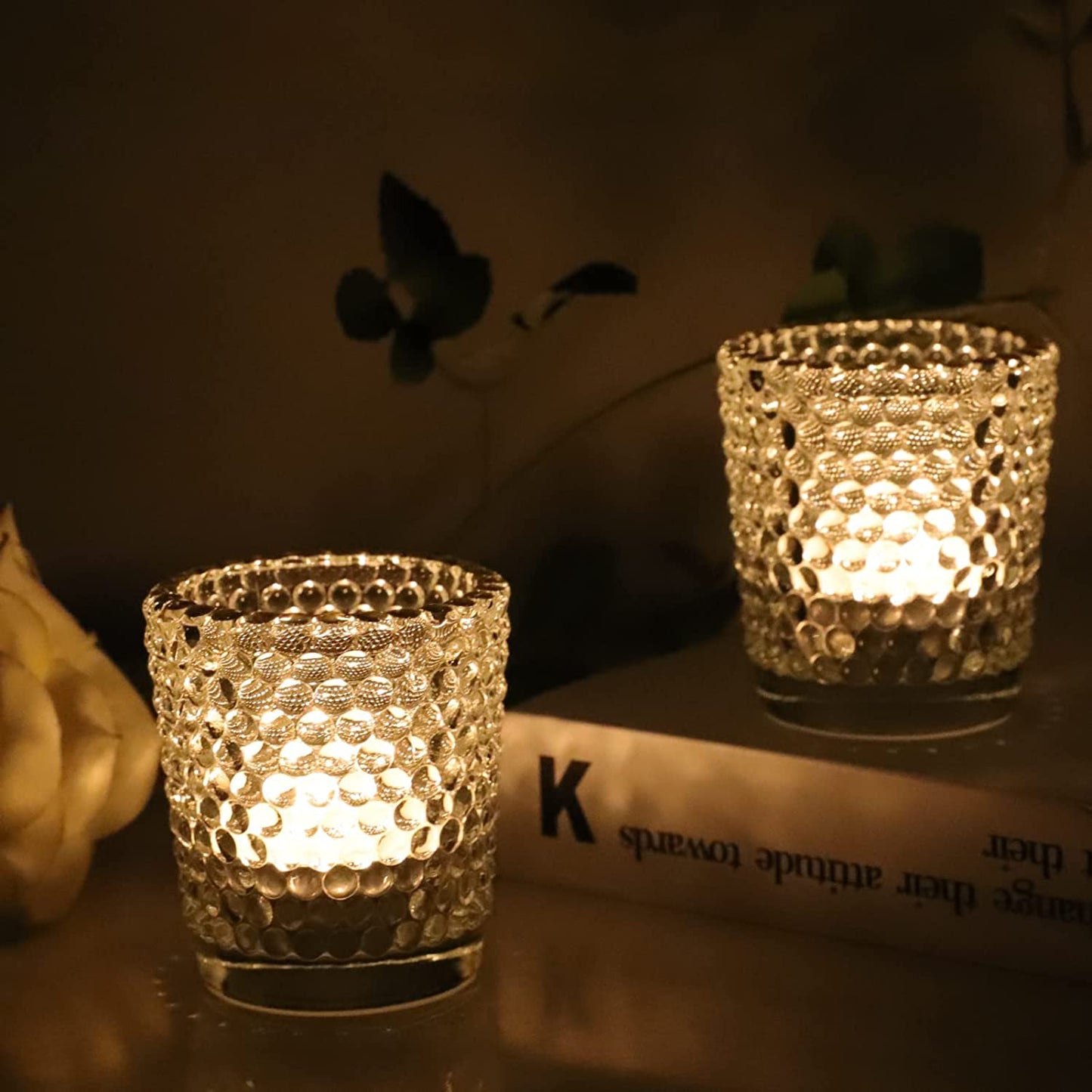 Clear Votive Candle Holders Set of 12, Tealight Candle Holder Bulk with Gold Rim for Table Centerpiece - vohocandle