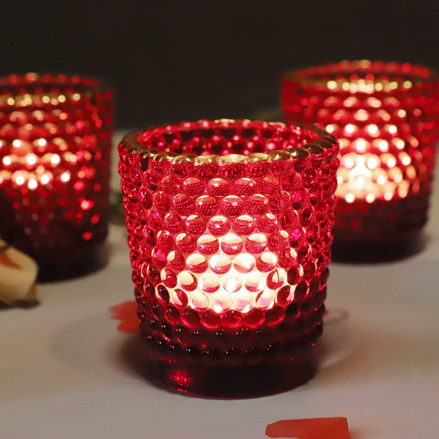 Red Votive Candle Holders for Table Centerpiece Set of 12, Tealight Candle Holder Bulk with Gold Rim - vohocandle