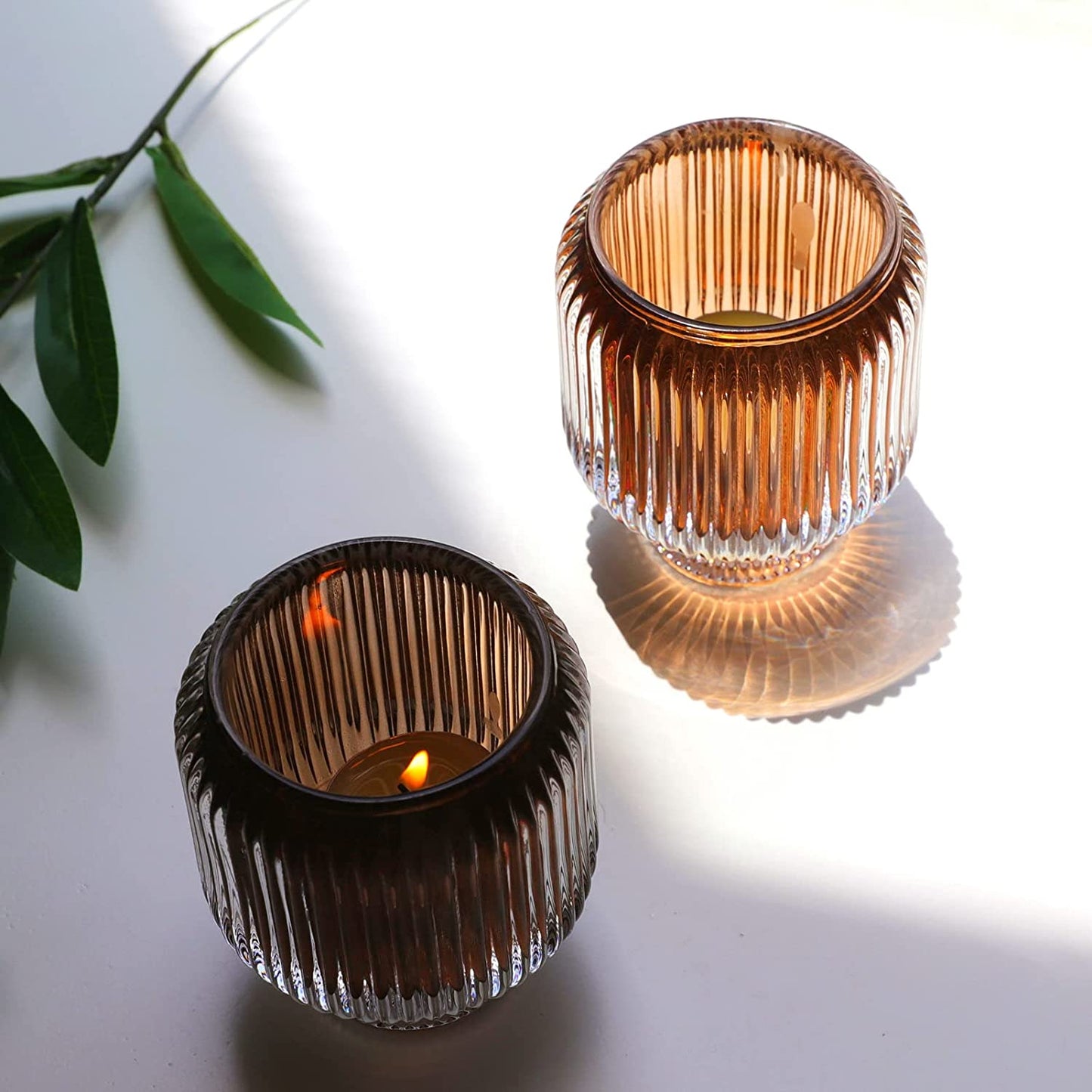 Votive Candle Holders Set of 2, Tealight Candle Holder for Home Decor (Brown, 3.5'' Tall 3.1'' Diameter) - vohocandle