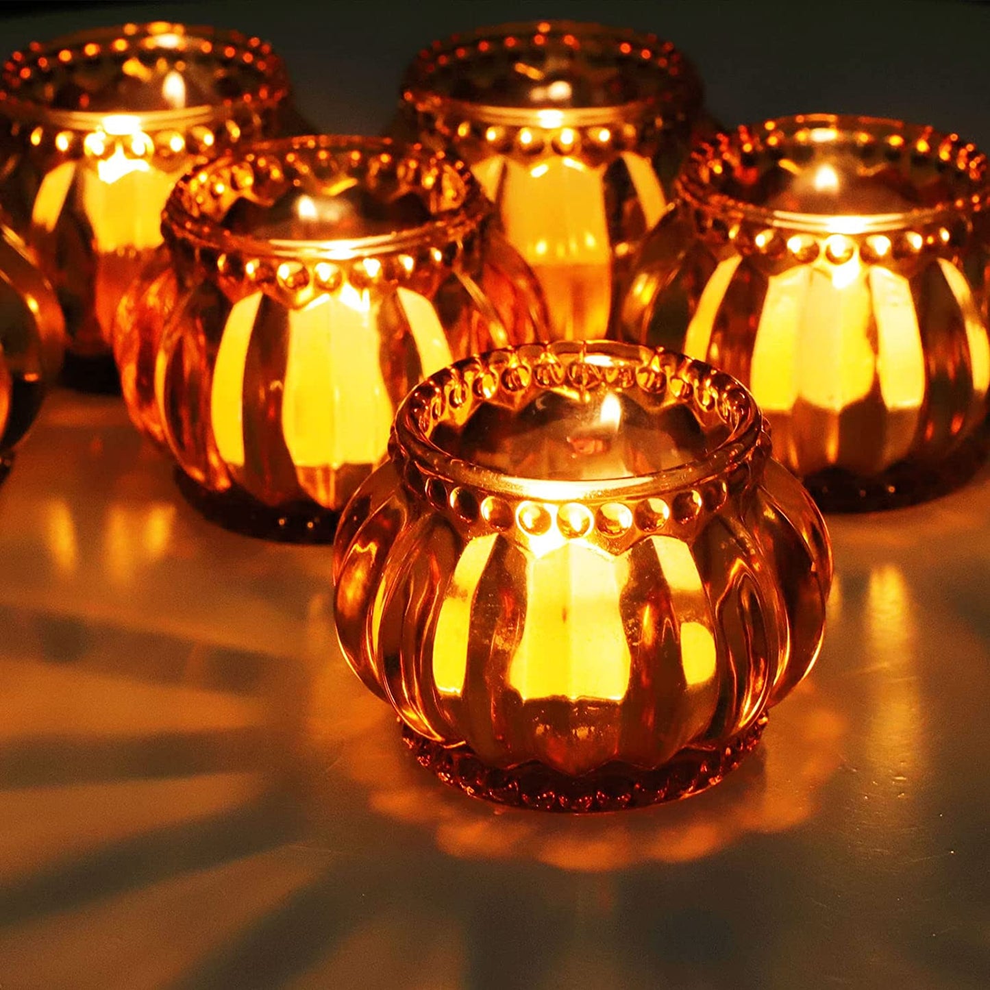 Amber Tealight Candle Holder Set of 6, Glass Candle Holders Bulk for Wedding Table and Home Decor - vohocandle