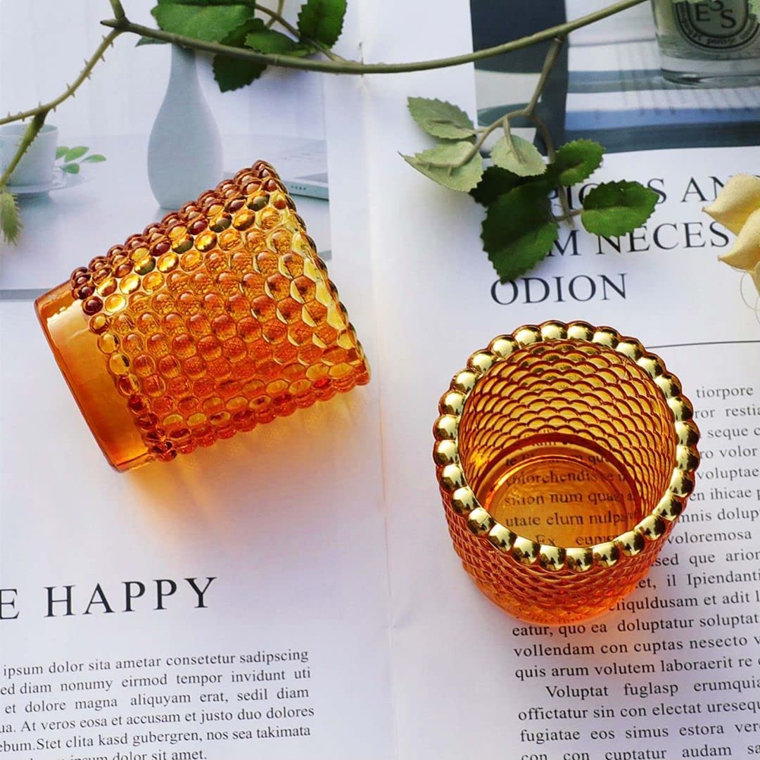 Votive Candle Holders Set of 12, Amber Glass Votive Candle Holder Bulk with Gold Rim for Table Centerpiece - vohocandle