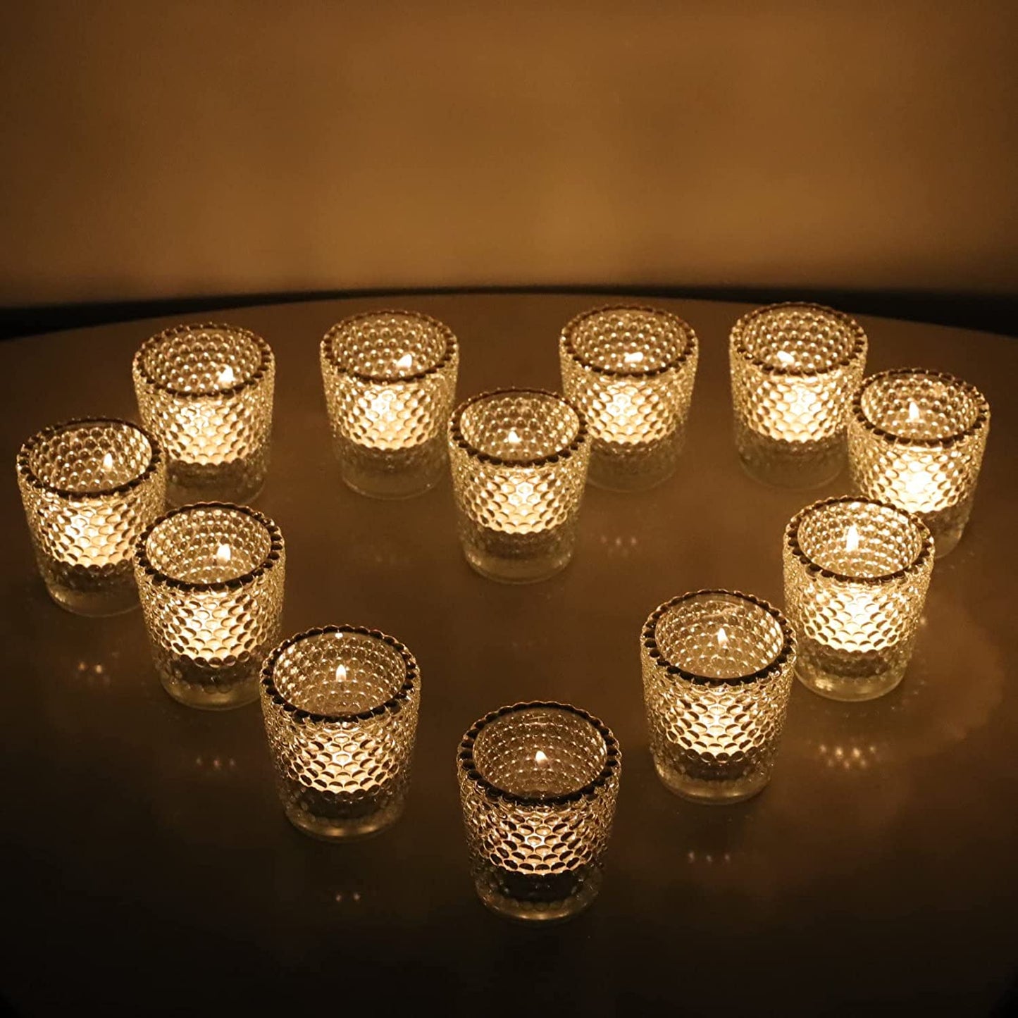 Clear Votive Candle Holders Set of 12, Tealight Candle Holder Bulk with Gold Rim for Table Centerpiece - vohocandle