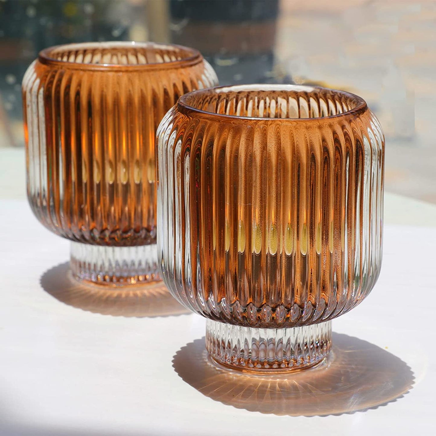 Votive Candle Holders Set of 2, Tealight Candle Holder for Home Decor (Brown, 3.5'' Tall 3.1'' Diameter) - vohocandle