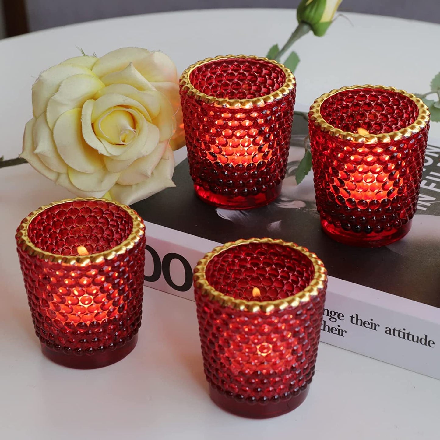 Red Votive Candle Holders for Table Centerpiece Set of 12, Tealight Candle Holder Bulk with Gold Rim - vohocandle