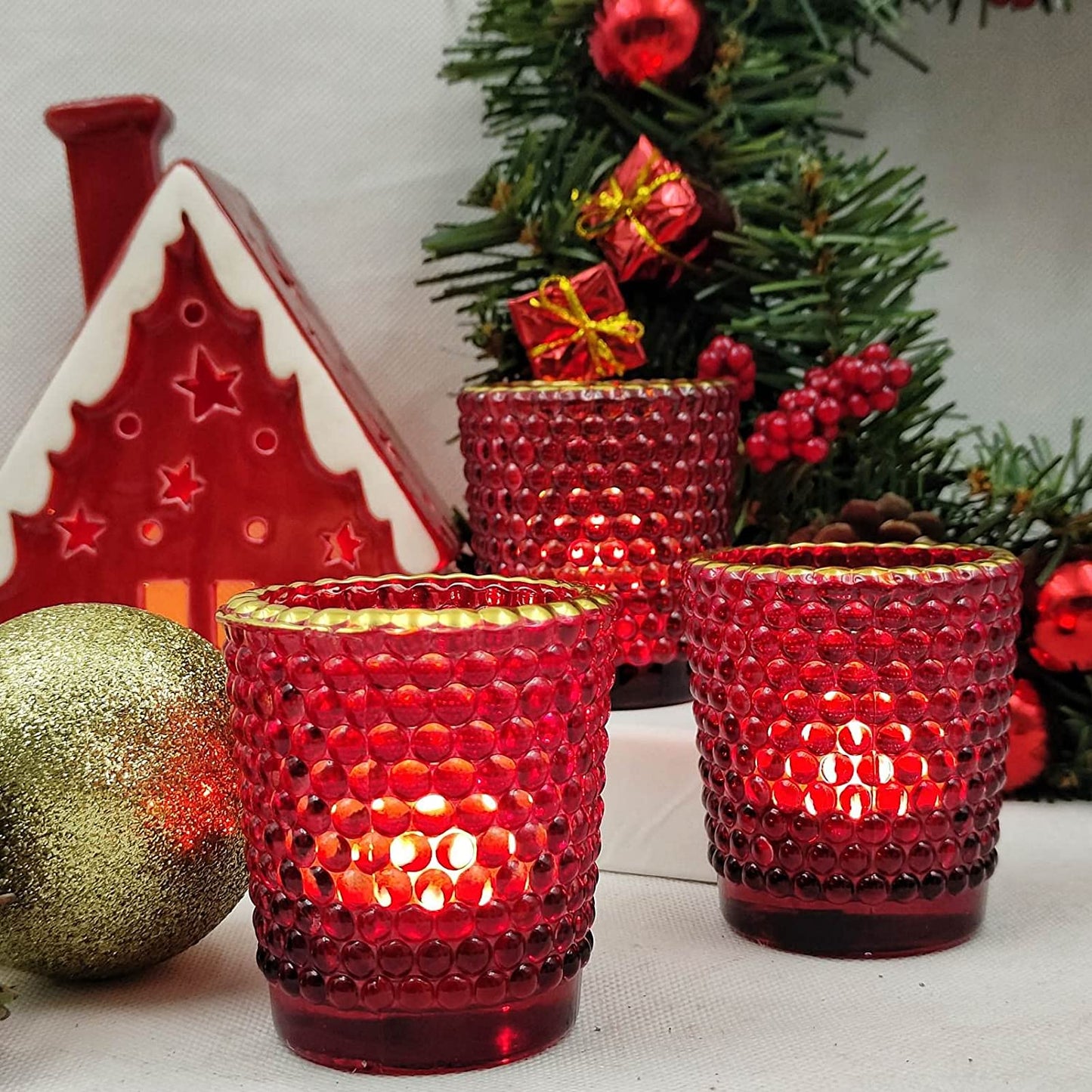Red Votive Candle Holders for Table Centerpiece Set of 12, Tealight Candle Holder Bulk with Gold Rim - vohocandle