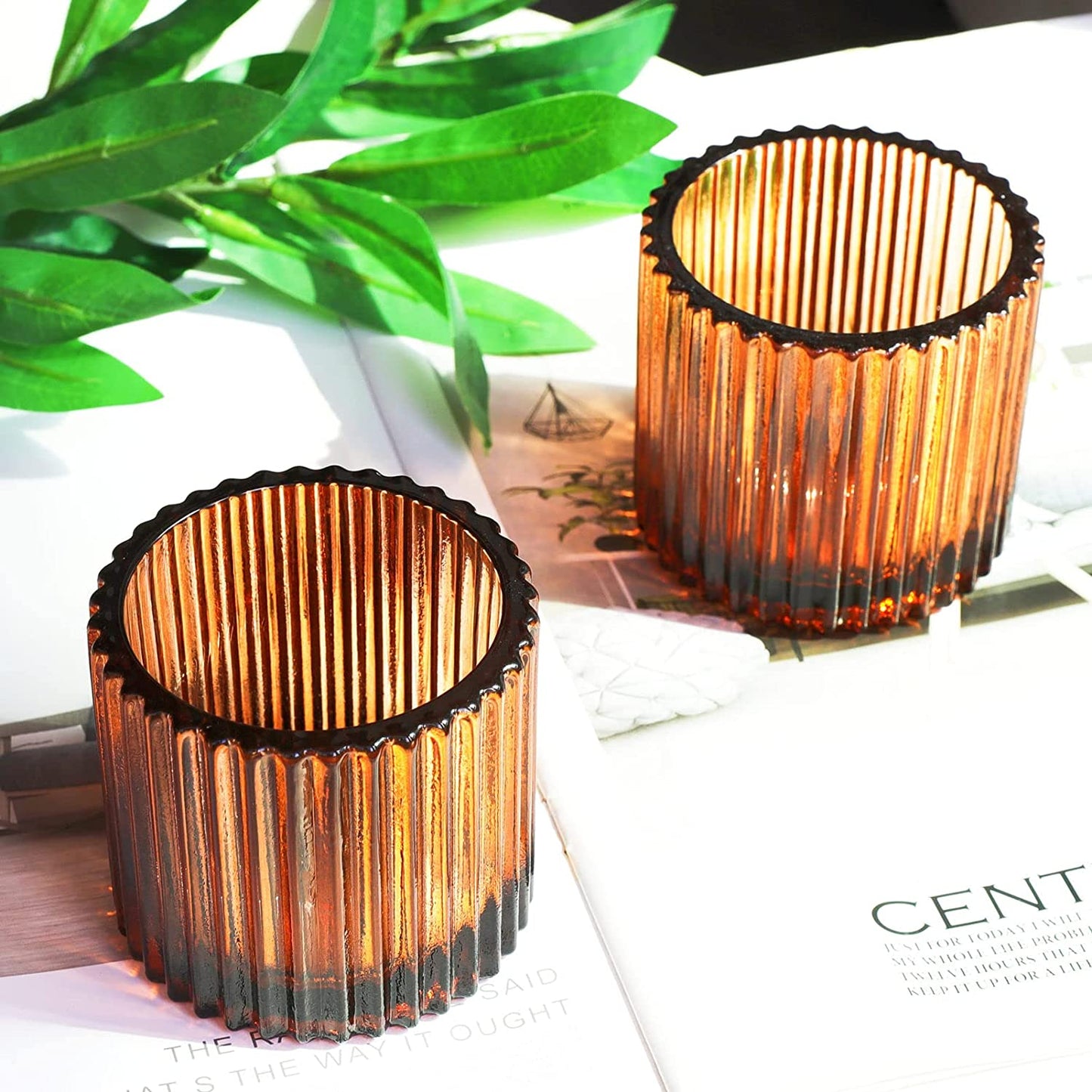 VOHO Votive Candle Holders for Wedding Candles, Amber Glass Candle Holder Set of 6 - vohocandle