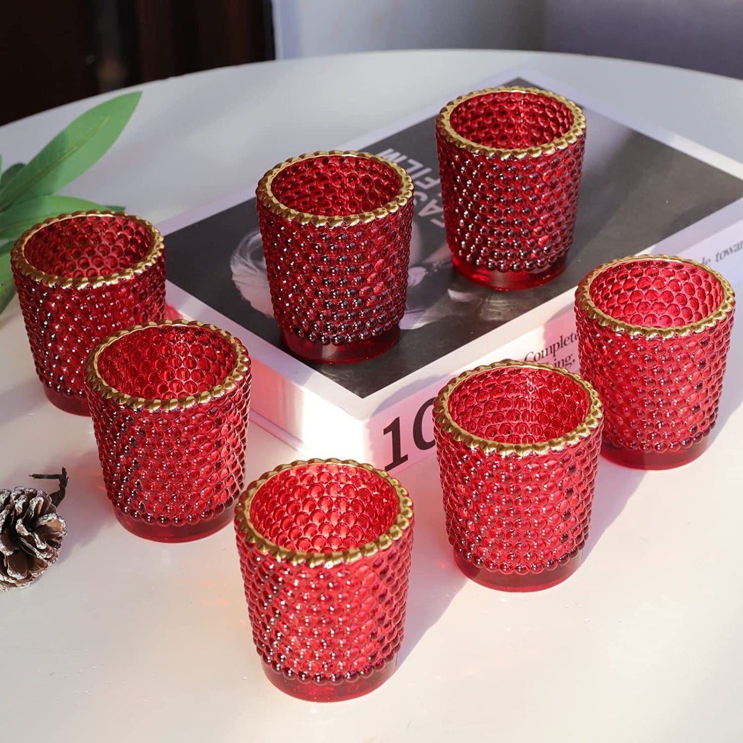 Red Votive Candle Holders for Table Centerpiece Set of 12, Tealight Candle Holder Bulk with Gold Rim - vohocandle