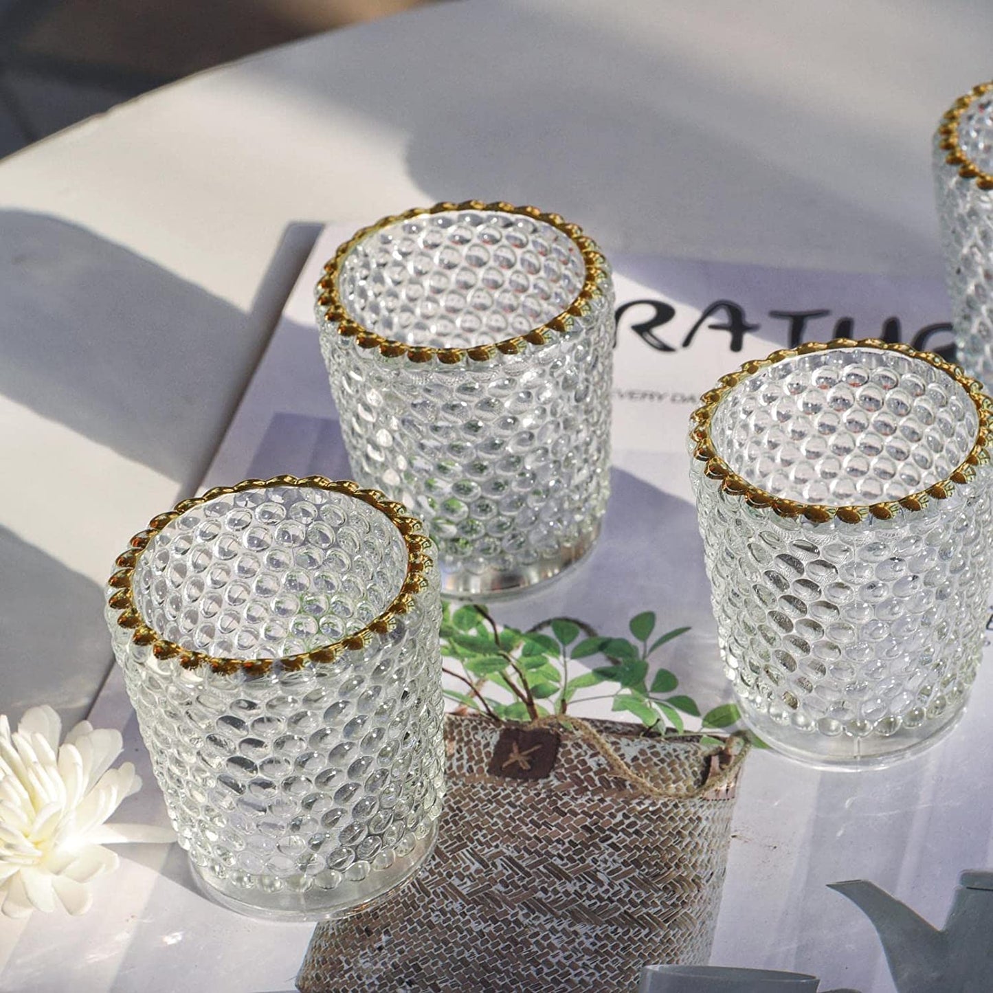 Clear Votive Candle Holders Set of 12, Tealight Candle Holder Bulk with Gold Rim for Table Centerpiece - vohocandle