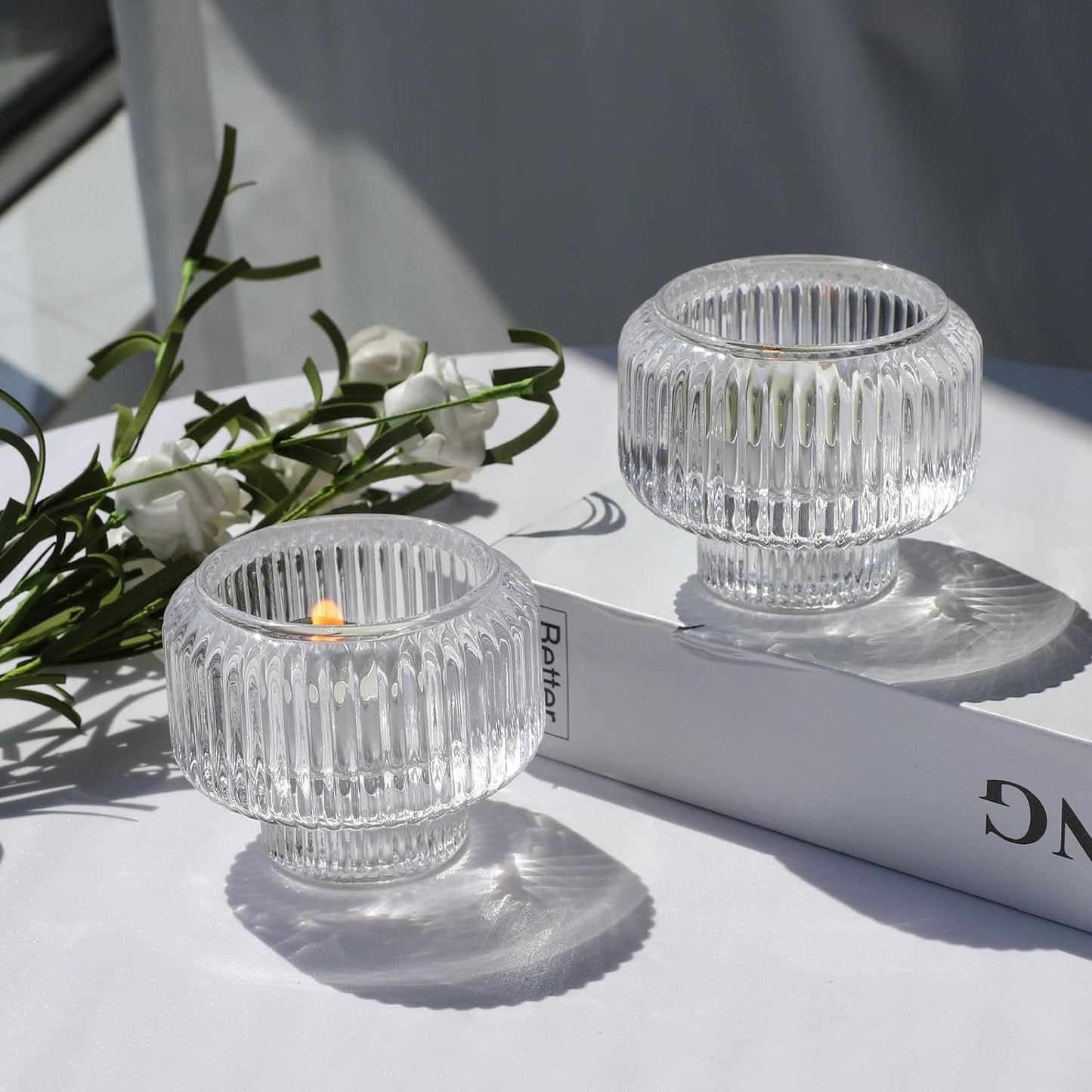 Vohocandle  Clear Candle Stick Candle Holder Set of 4, Ribbed Glass Candle Holders for Home Decor