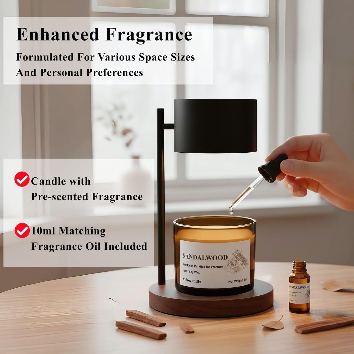 Sandalwood Wickless Candles for Candle Warmer Lamp, 9oz Soy Scented Candles & 10ml Essential Oils for Customizable Aroma