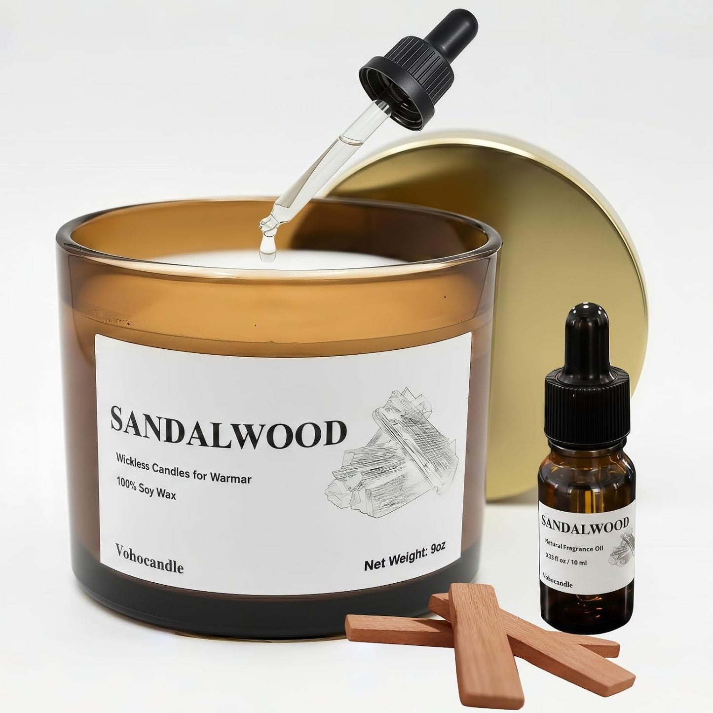 Sandalwood Wickless Candles for Candle Warmer Lamp, 9oz Soy Scented Candles & 10ml Essential Oils for Customizable Aroma