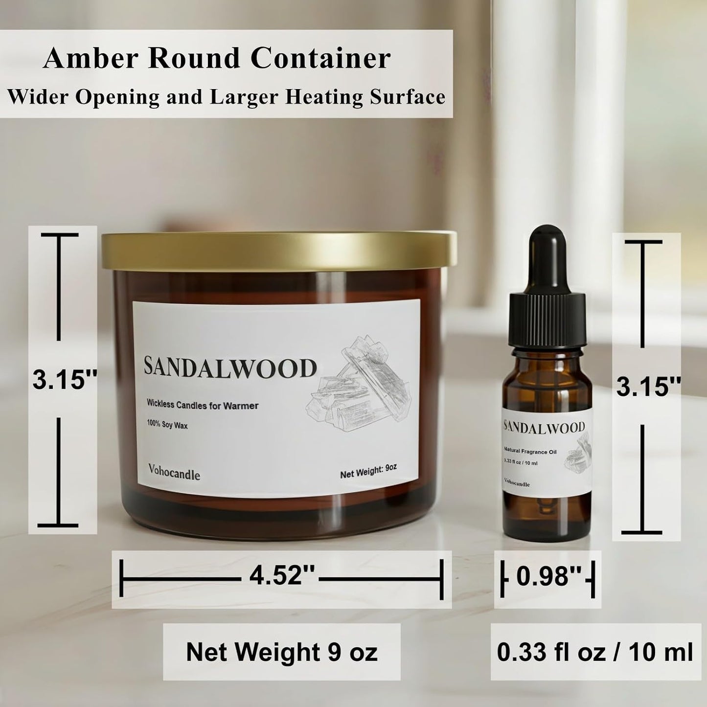 Sandalwood Wickless Candles for Candle Warmer Lamp, 9oz Soy Scented Candles & 10ml Essential Oils for Customizable Aroma
