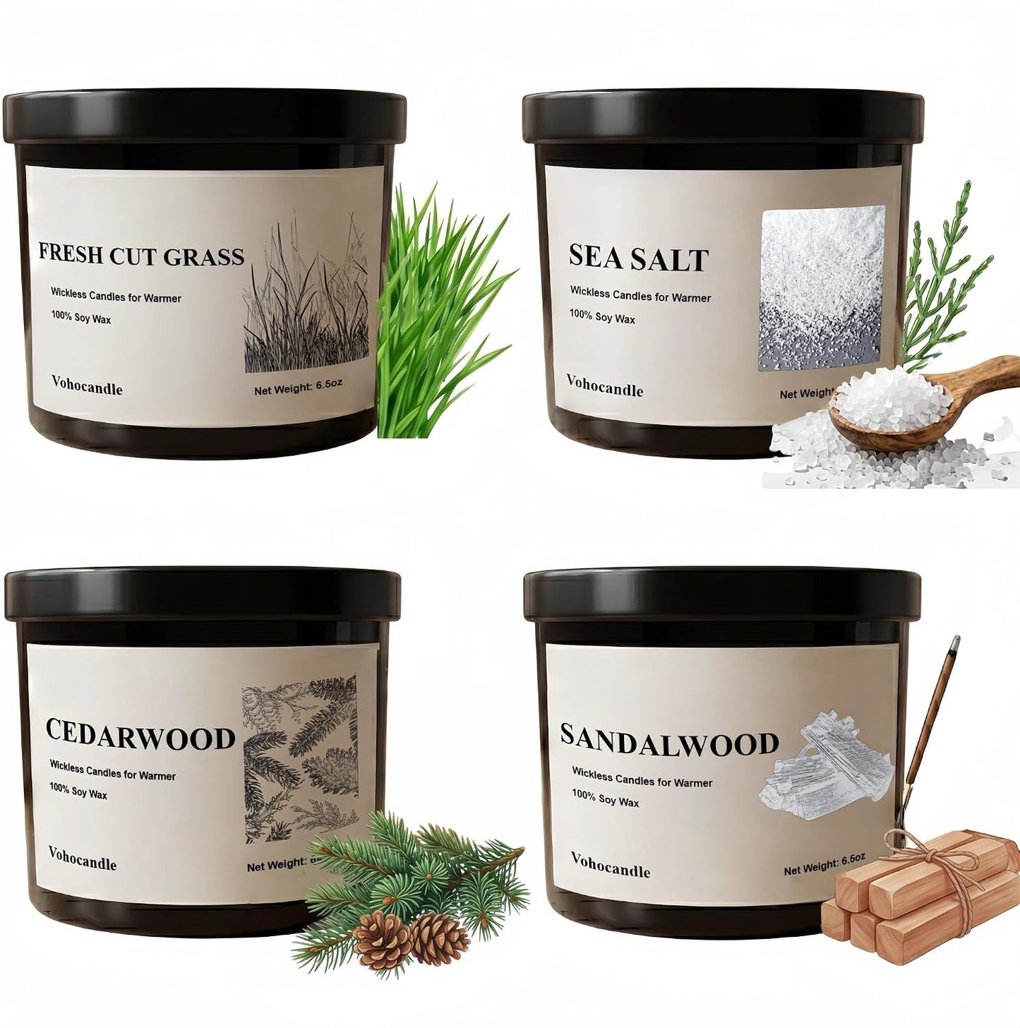 Wickless Candles for Candle Warmer Lamp, Set of 4 Scented Candles for Men(Cedar/Sandalwood/Sea Salt/Grass)