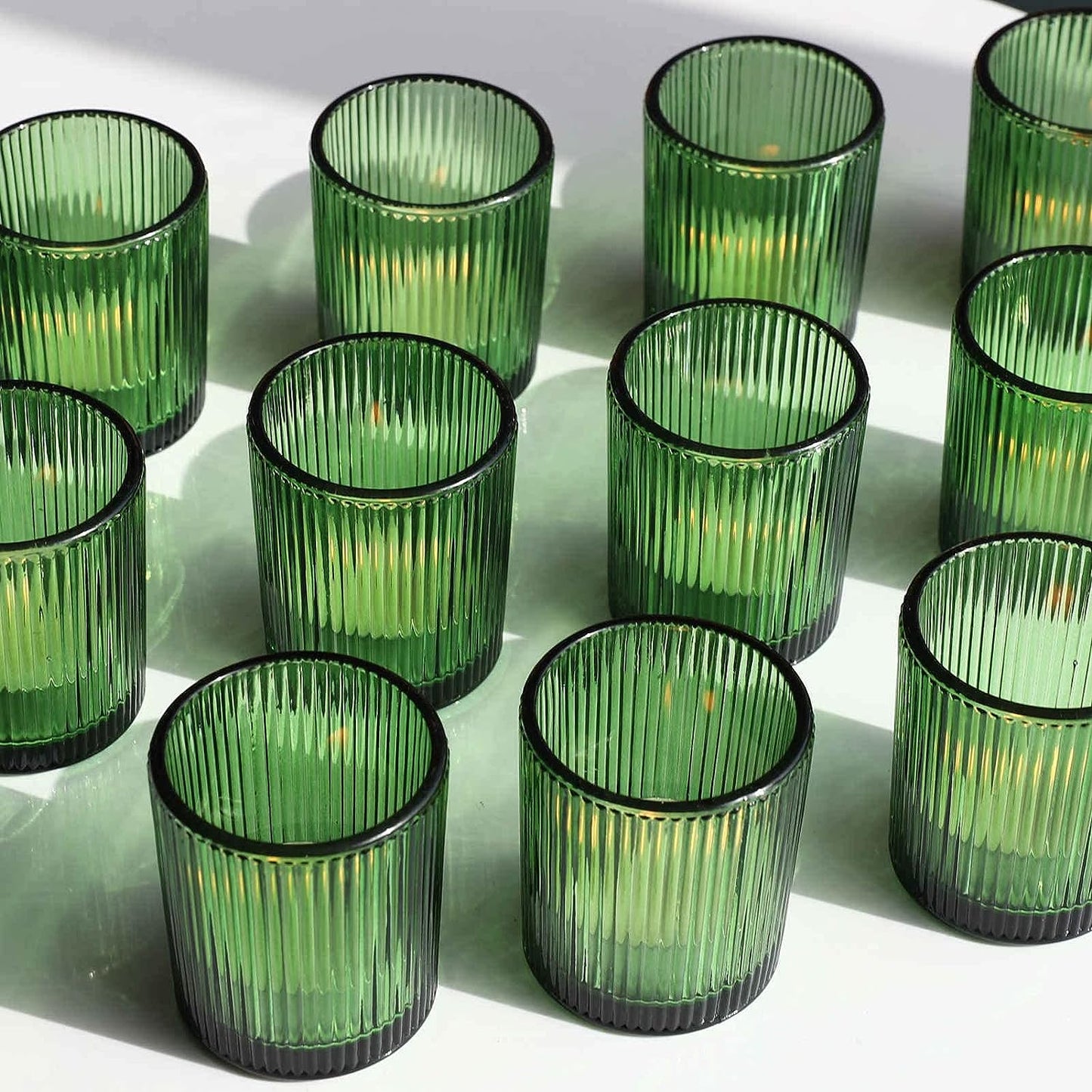 Vohocandle 12pcs Candle Holder Ribbed Glass, Green Votive Candle Holders for Wedding Party Table Centerpieces(2.1'' x 2.6'', Green) - vohocandle
