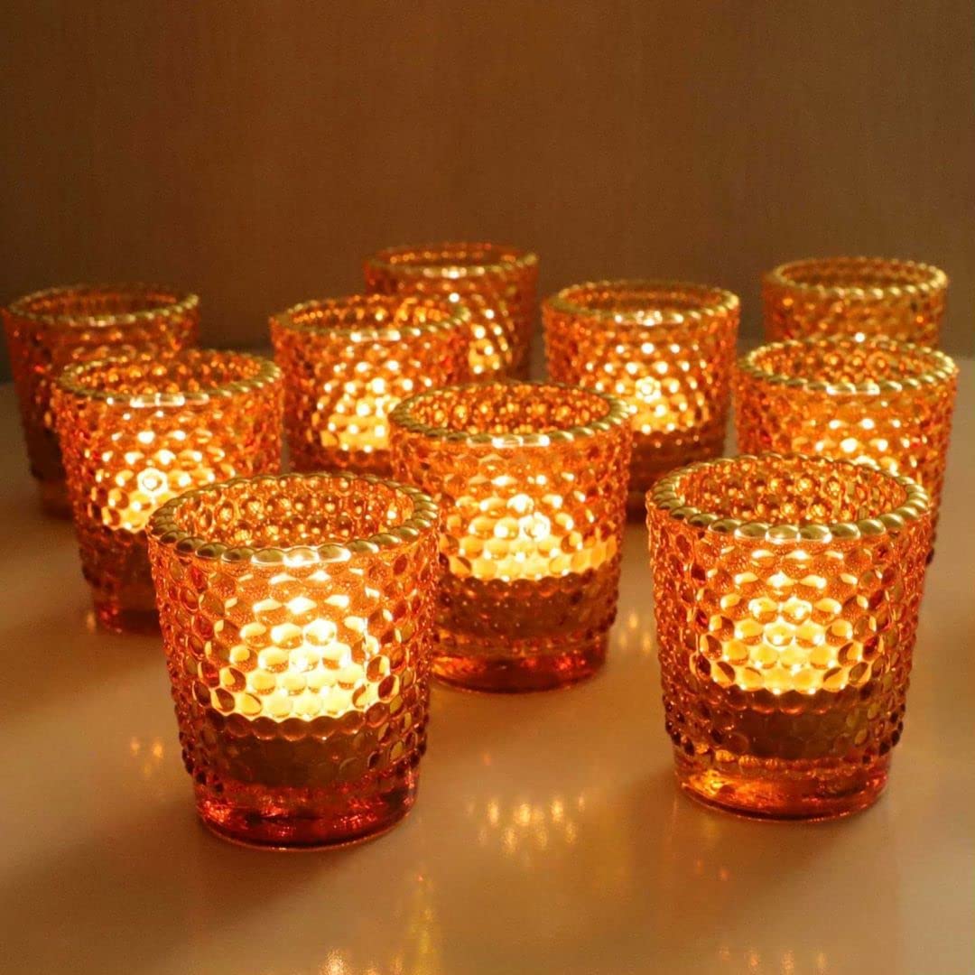 Votive Candle Holders Set of 12, Amber Glass Votive Candle Holder Bulk with Gold Rim for Table Centerpiece - vohocandle