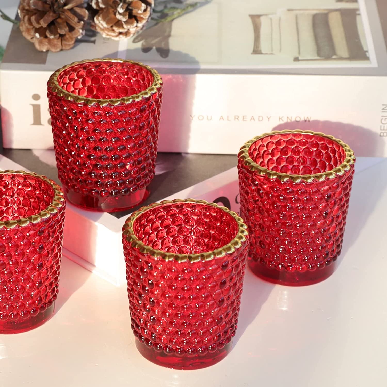 Red Votive Candle Holders for Table Centerpiece Set of 12, Tealight Candle Holder Bulk with Gold Rim - vohocandle
