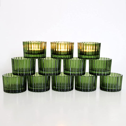 Green Tealight Candle Holder Set of 12, Glass Candle Holder for Wedding Table Centerpiece, Tea Lights Candle Holders Bulk for Home Decor(2''x 1.4'') - vohocandle