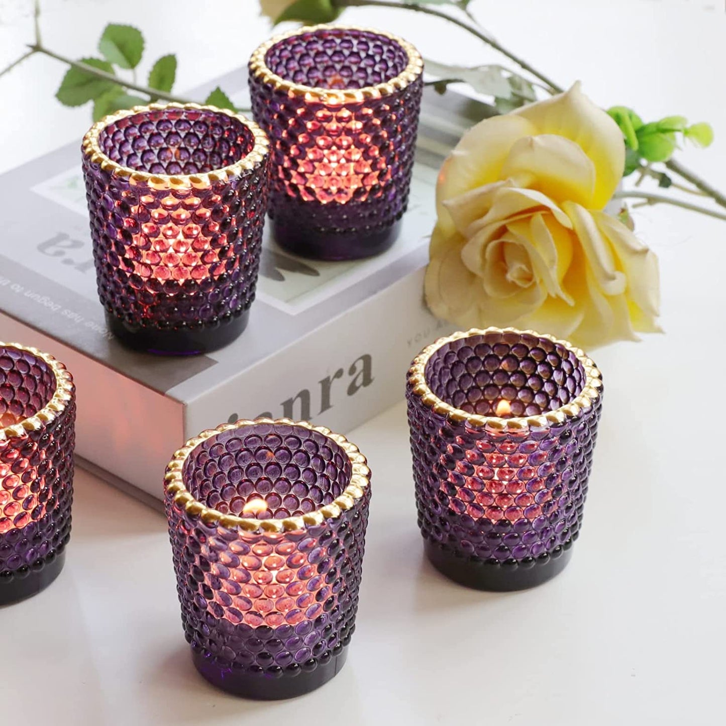 Purple Tea Lights Candle Holder Bulk with Gold Rim Set of 12, Glass Votive Candle Holders for Table Centerpiece, Tealight Candle Holder for Wedding Party, Birthday - vohocandle