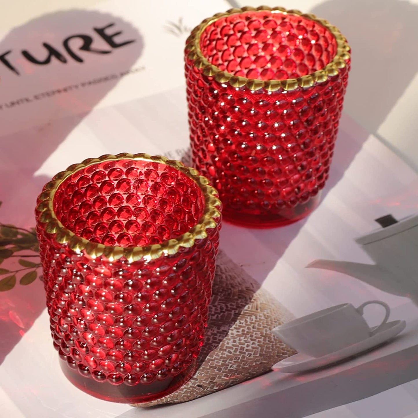 Red Votive Candle Holders for Table Centerpiece Set of 12, Tealight Candle Holder Bulk with Gold Rim - vohocandle